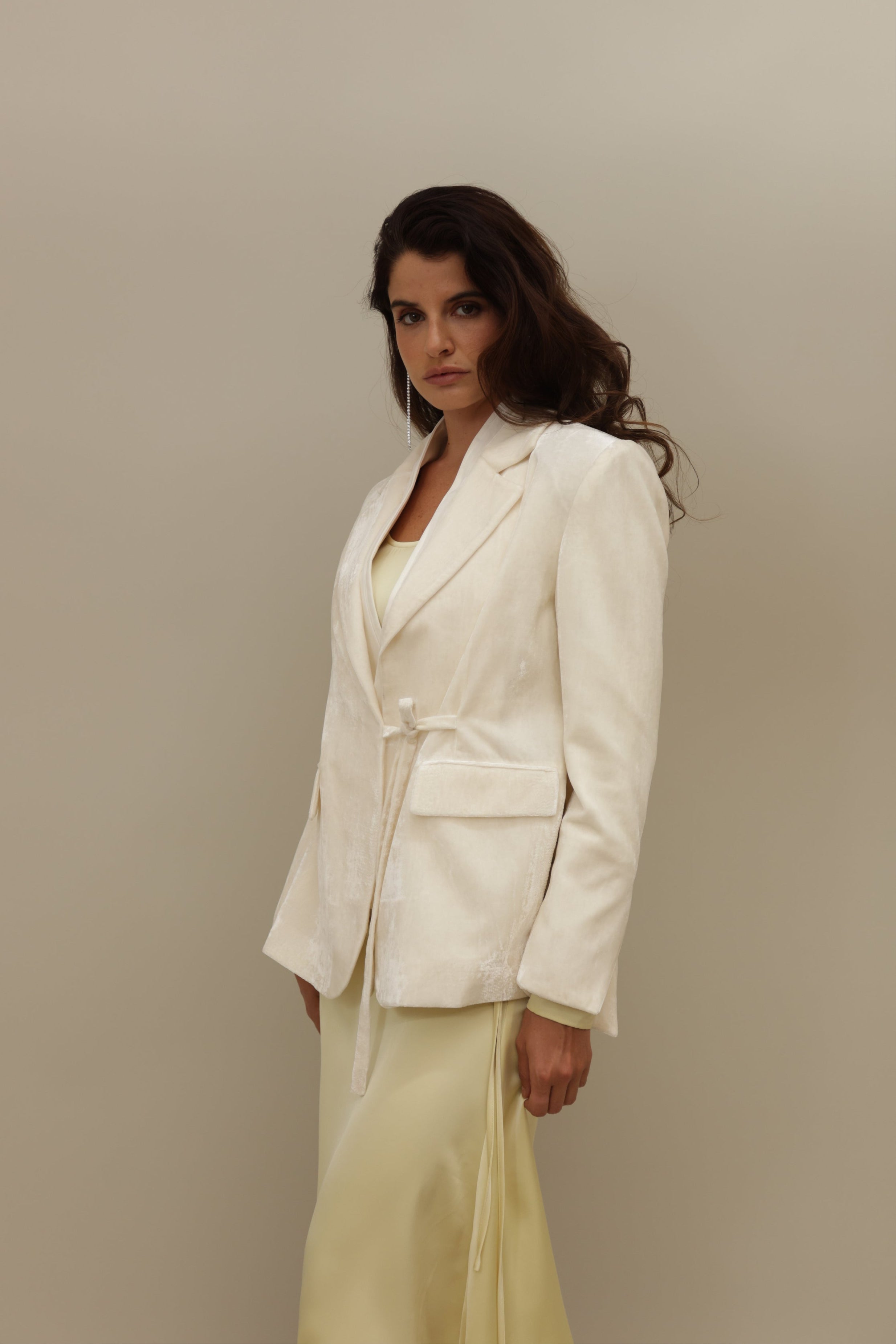 Cream Velvet Wrap Blazer Suit - Modern Elegance