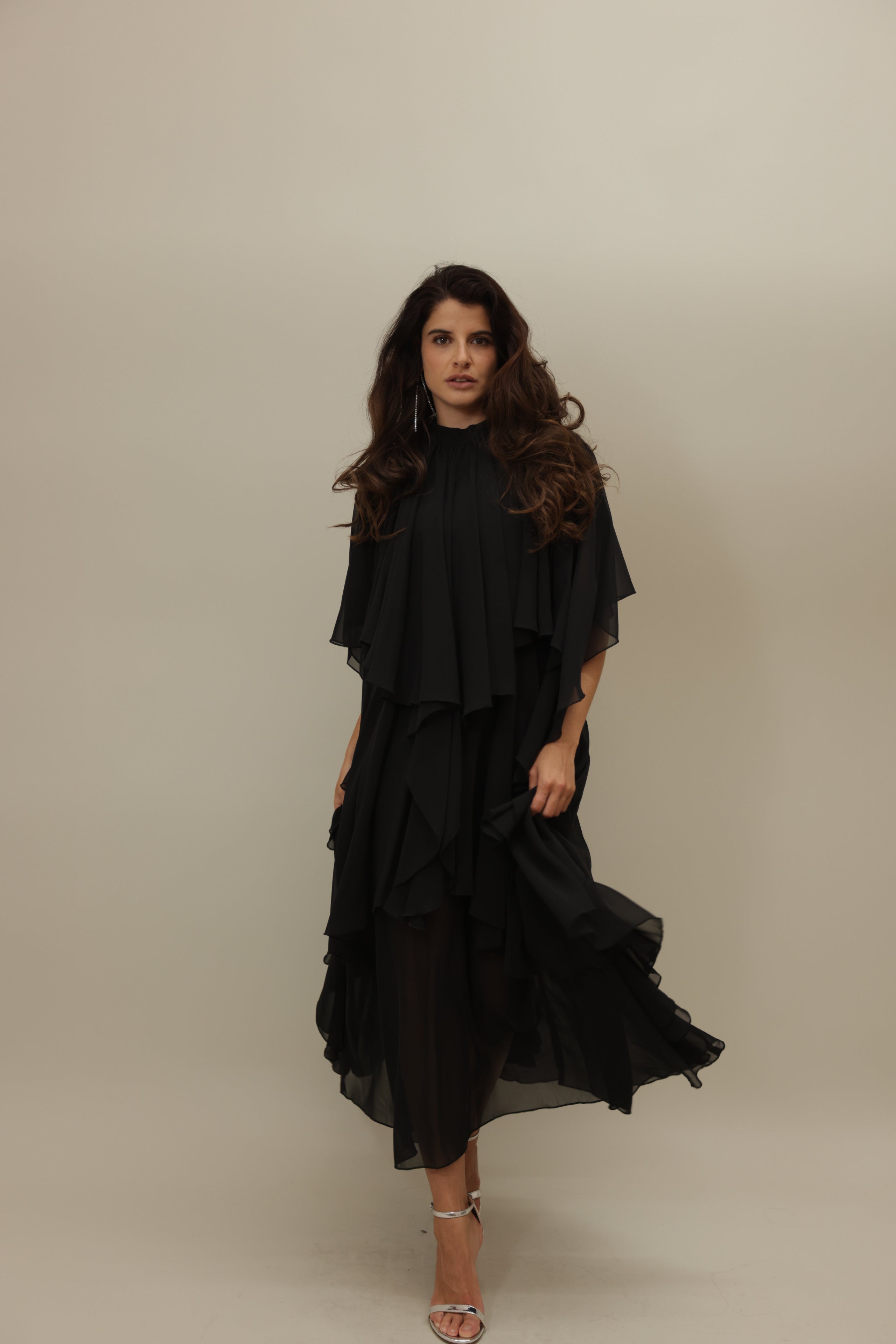 Black Asymmetrical Flowing Layered Dress