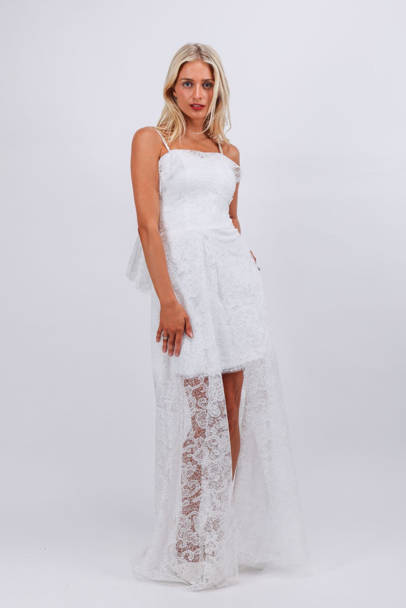 Vivienne Lace Overlay Mini Dress with Sheer Train White / XS / US 0-2 Vivienne Lace Overlay Mini Dress with Sheer Train White / XS / US 0-2