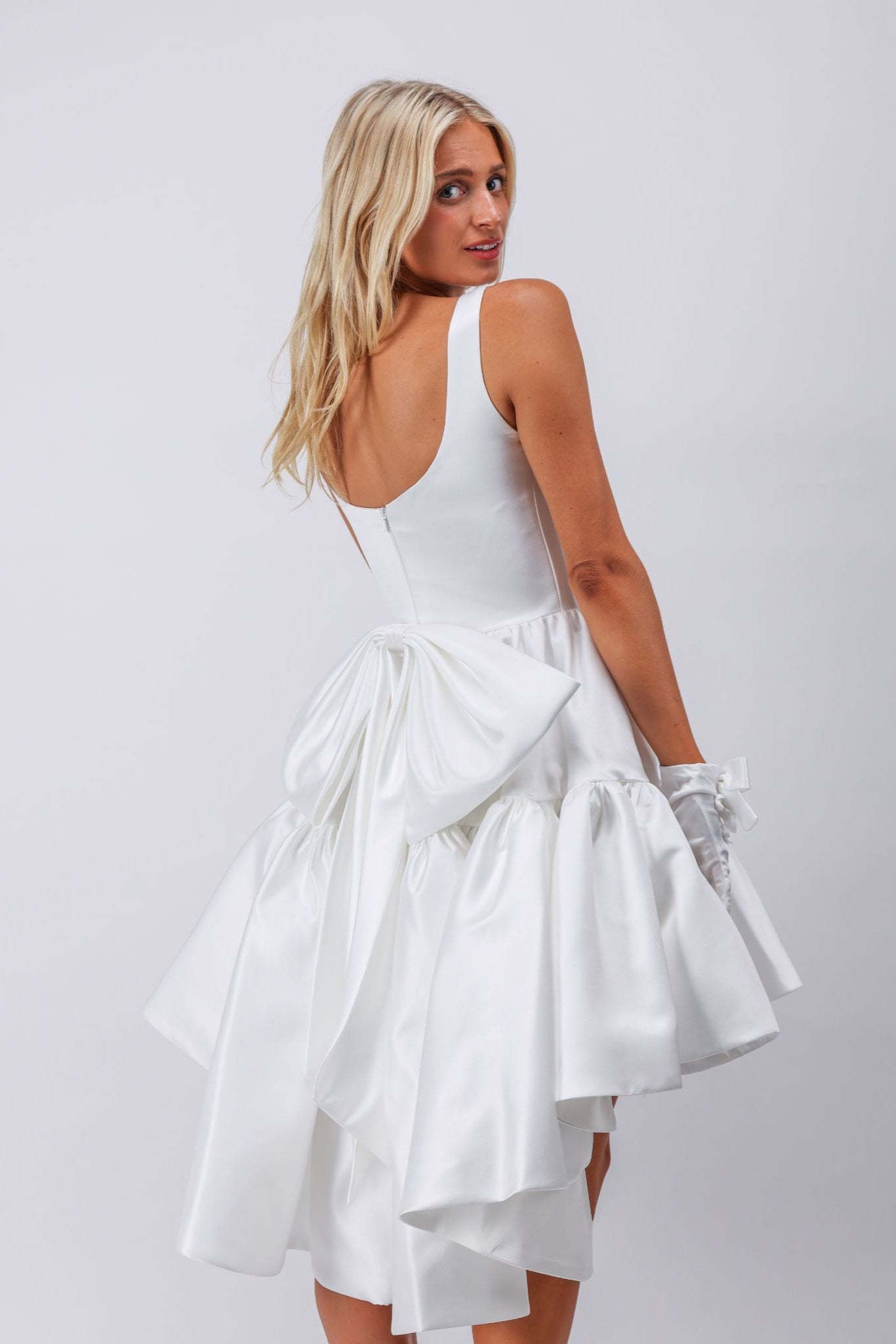 Bow-Back Couture Satin Mini Dress