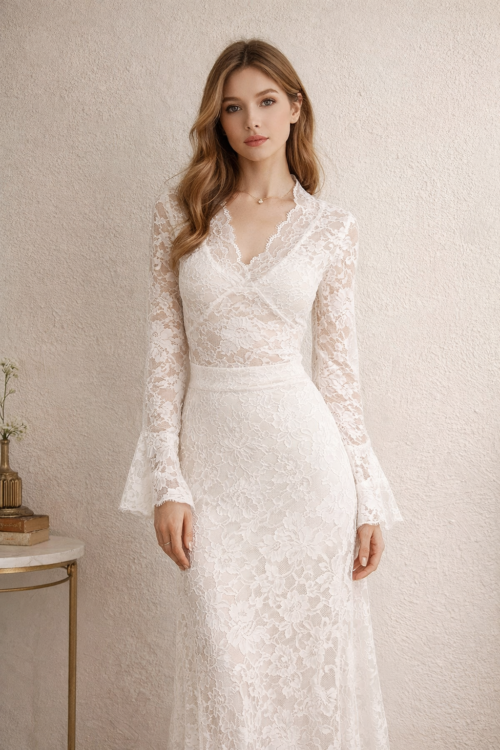 Elegant French Lace Long Sleeve Top V-Neck Fitted Silhouette White / XL / US 12-14 Elegant French Lace Long Sleeve Top V-Neck Fitted Silhouette White / XL / US 12-14