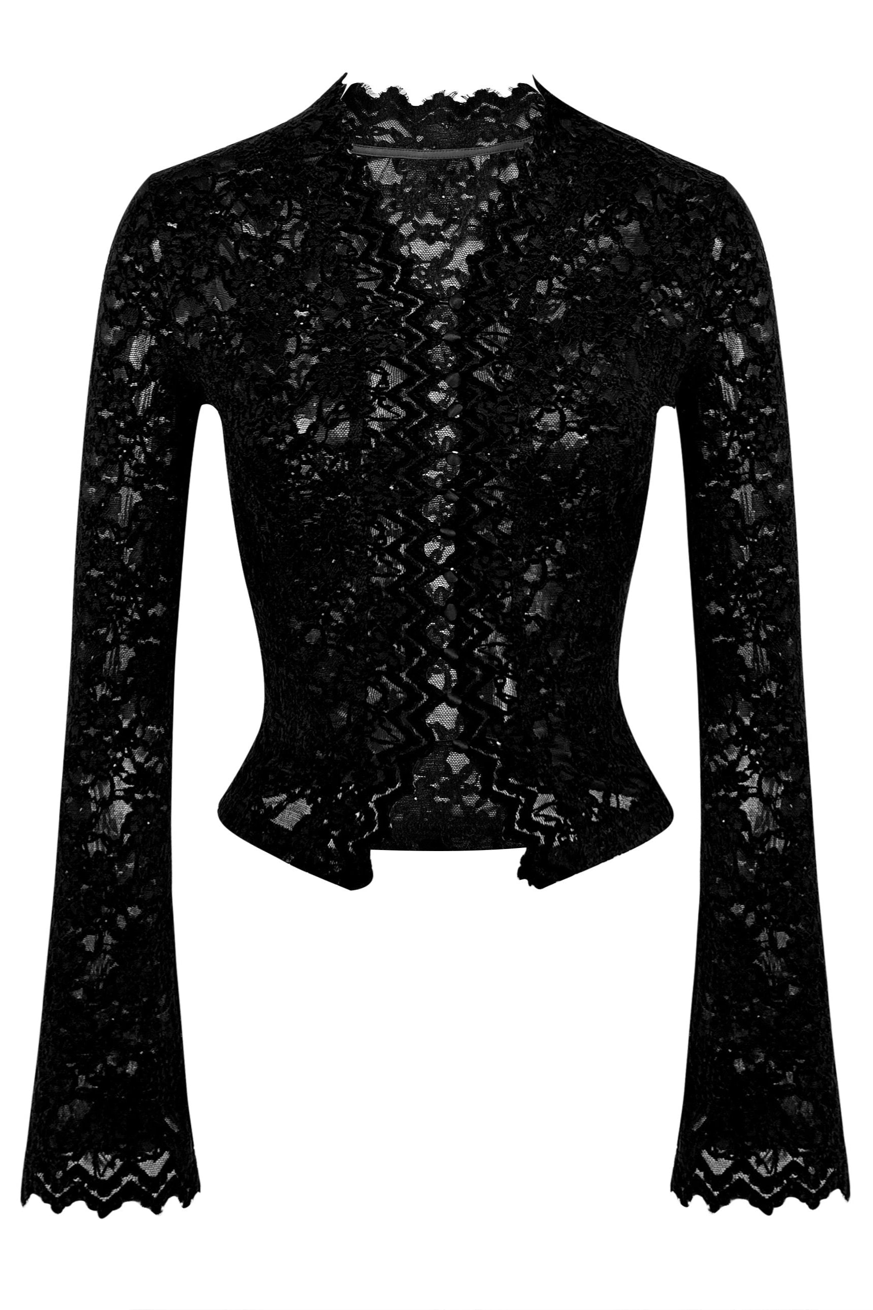 Elegant Black Sheer Lace Blouse with Tie Detail