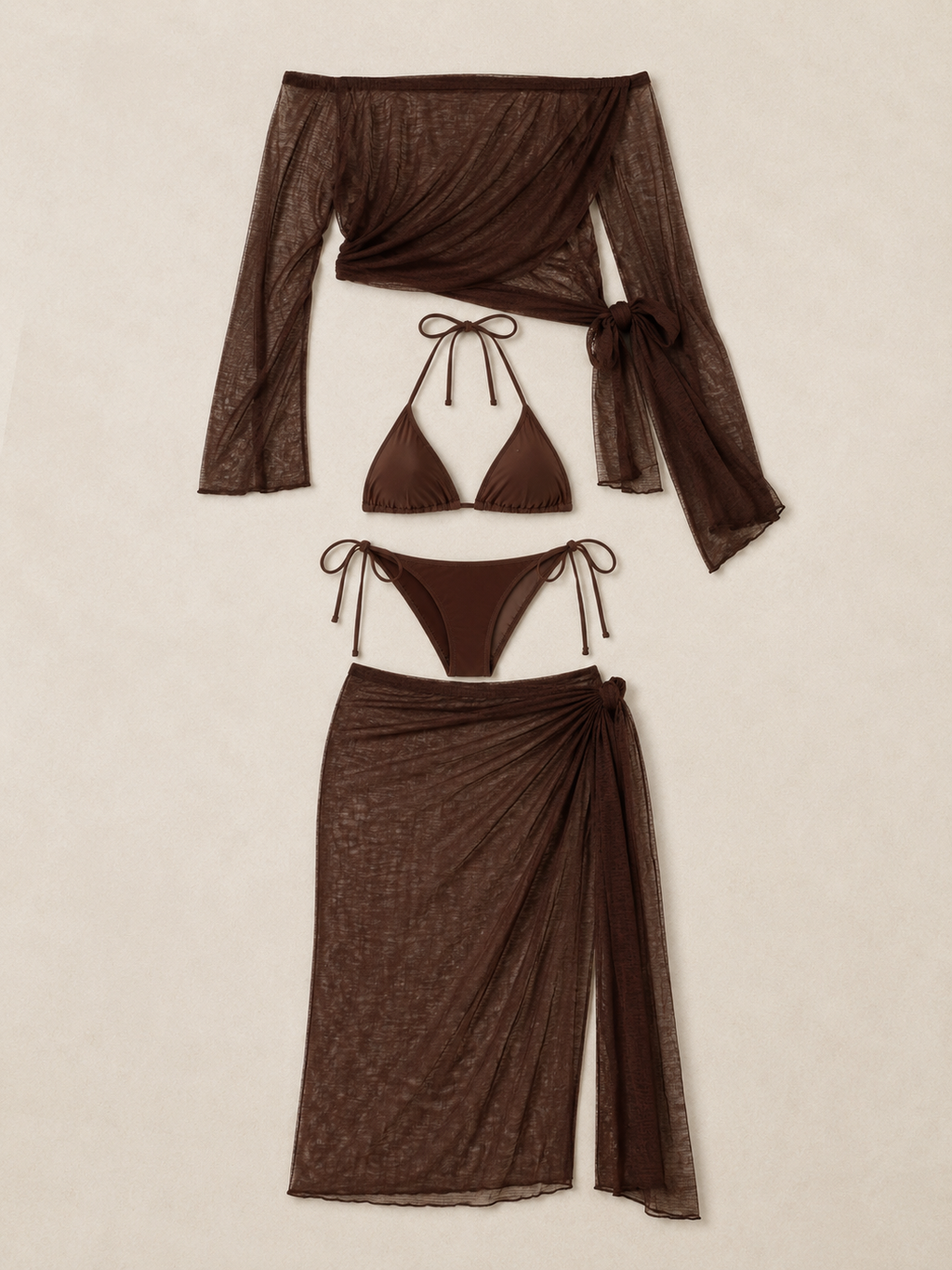Sienna Brown Three-Piece Bikini Set with Sheer Cover Up | Luxury Resort Swimwear