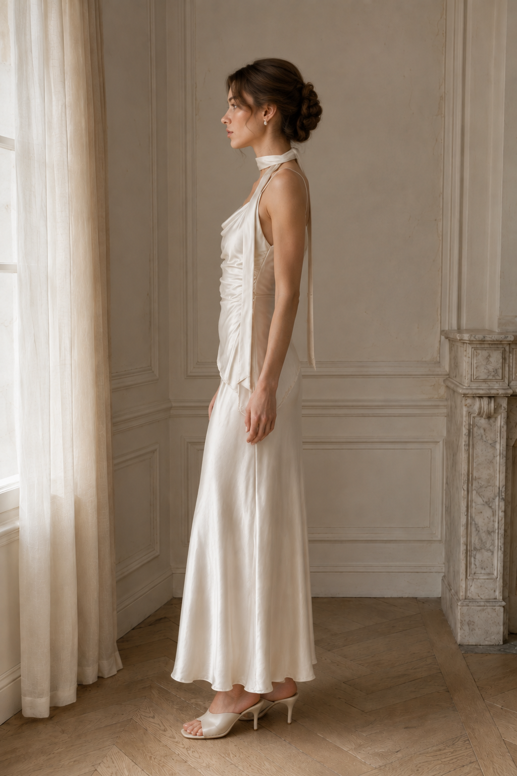 Solène Ivory Satin Cowl Neck Dress | Van Atelier