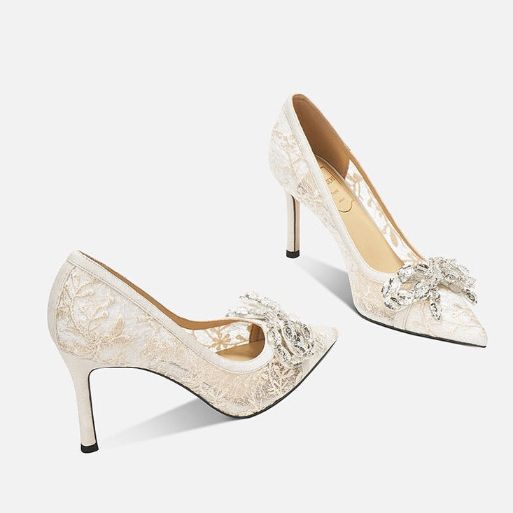 Crystal Bow Lace Stiletto Pumps