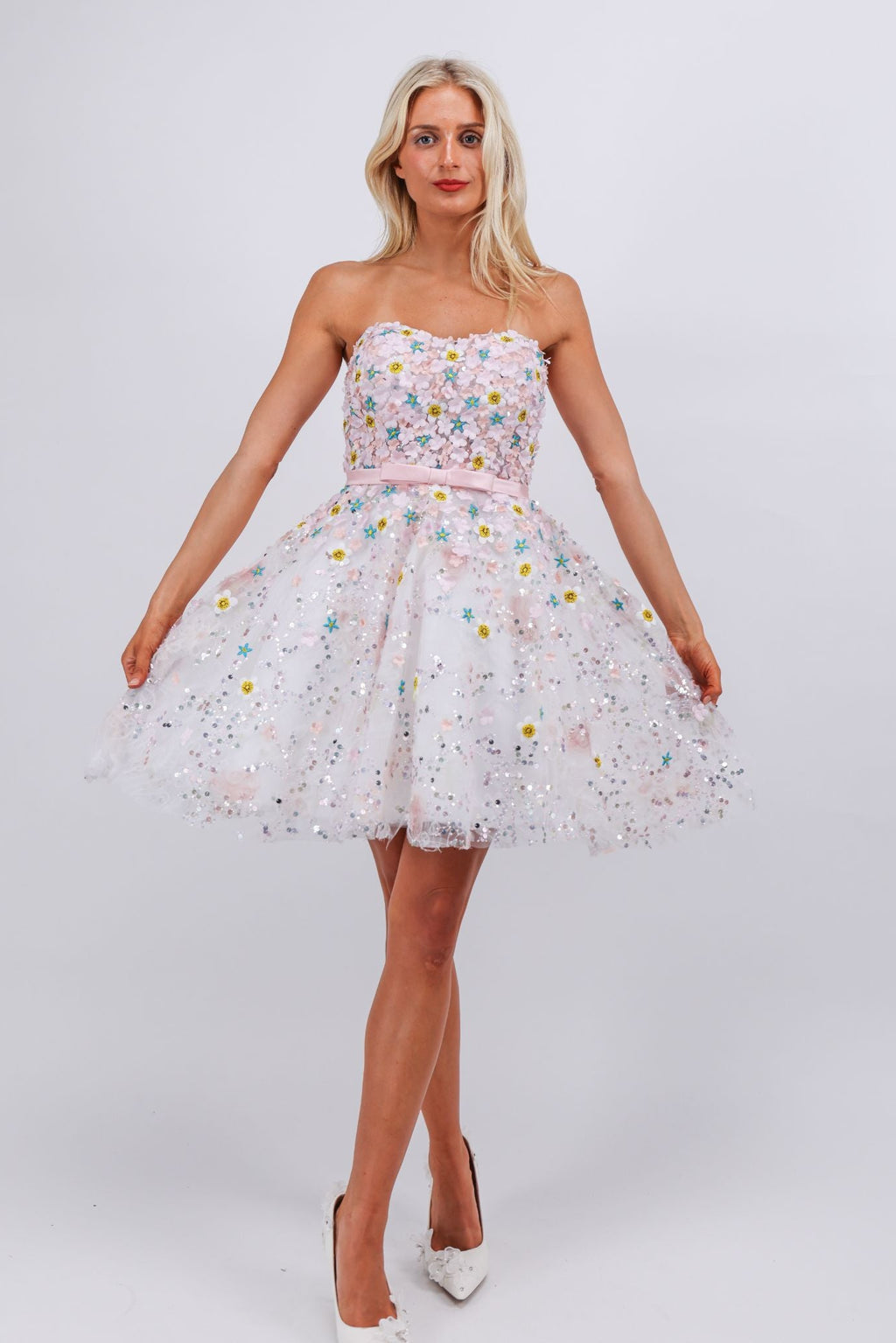 Hand embroidered pink flower couture atelier mini dress