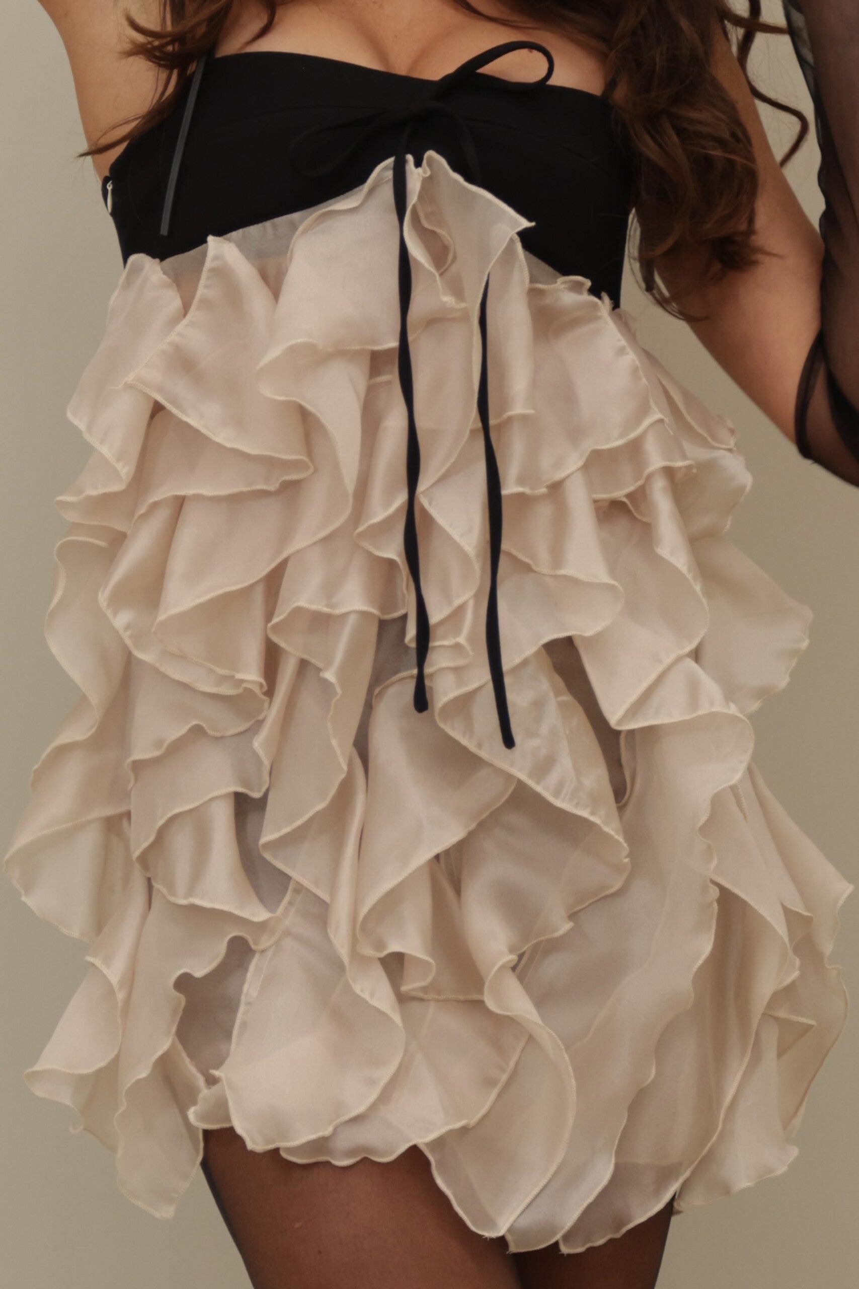 Layered Ruffle Strapless Mini Dress with Black Bow Accents