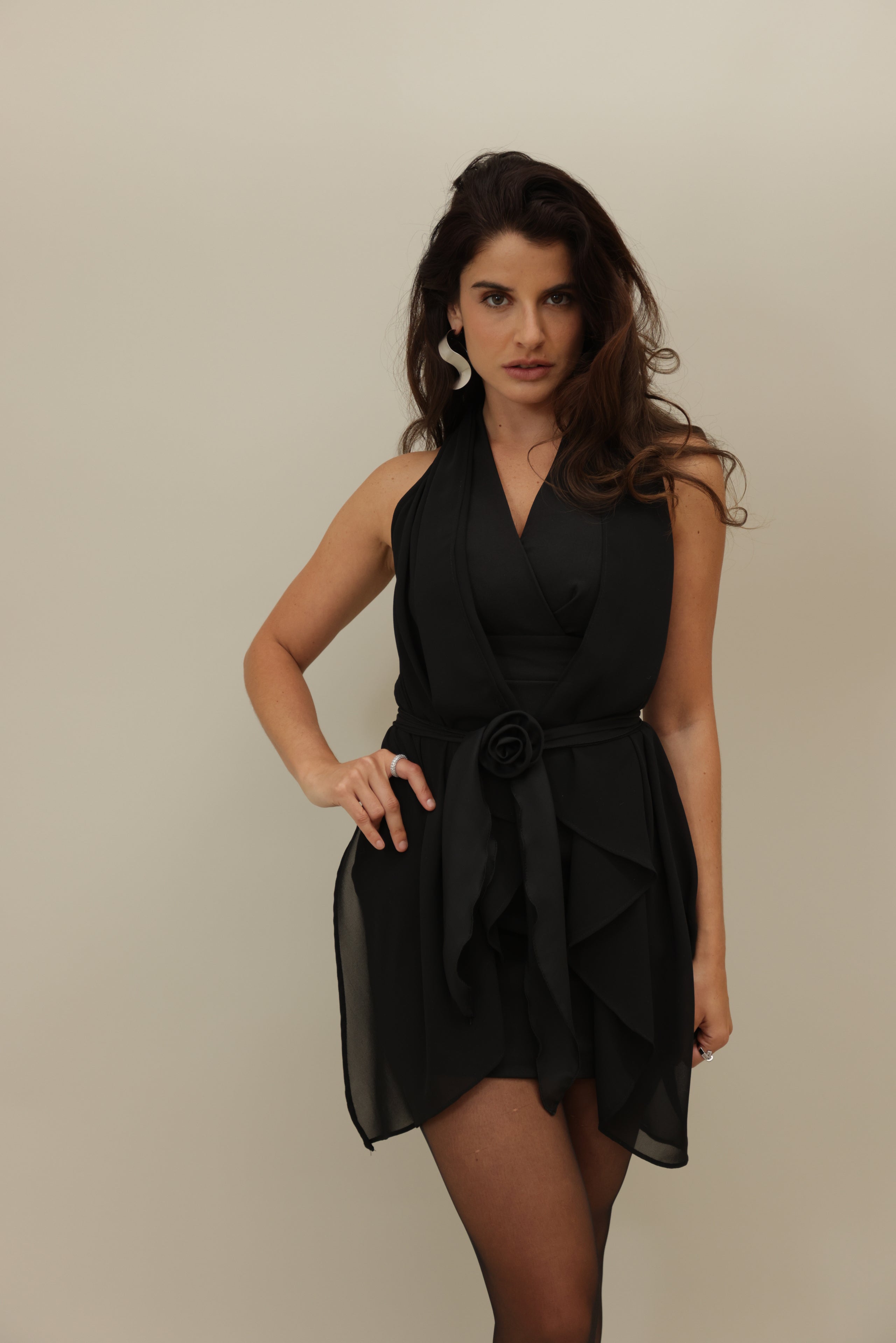 Elegant Black Draped Mini Dress with Rose Detail