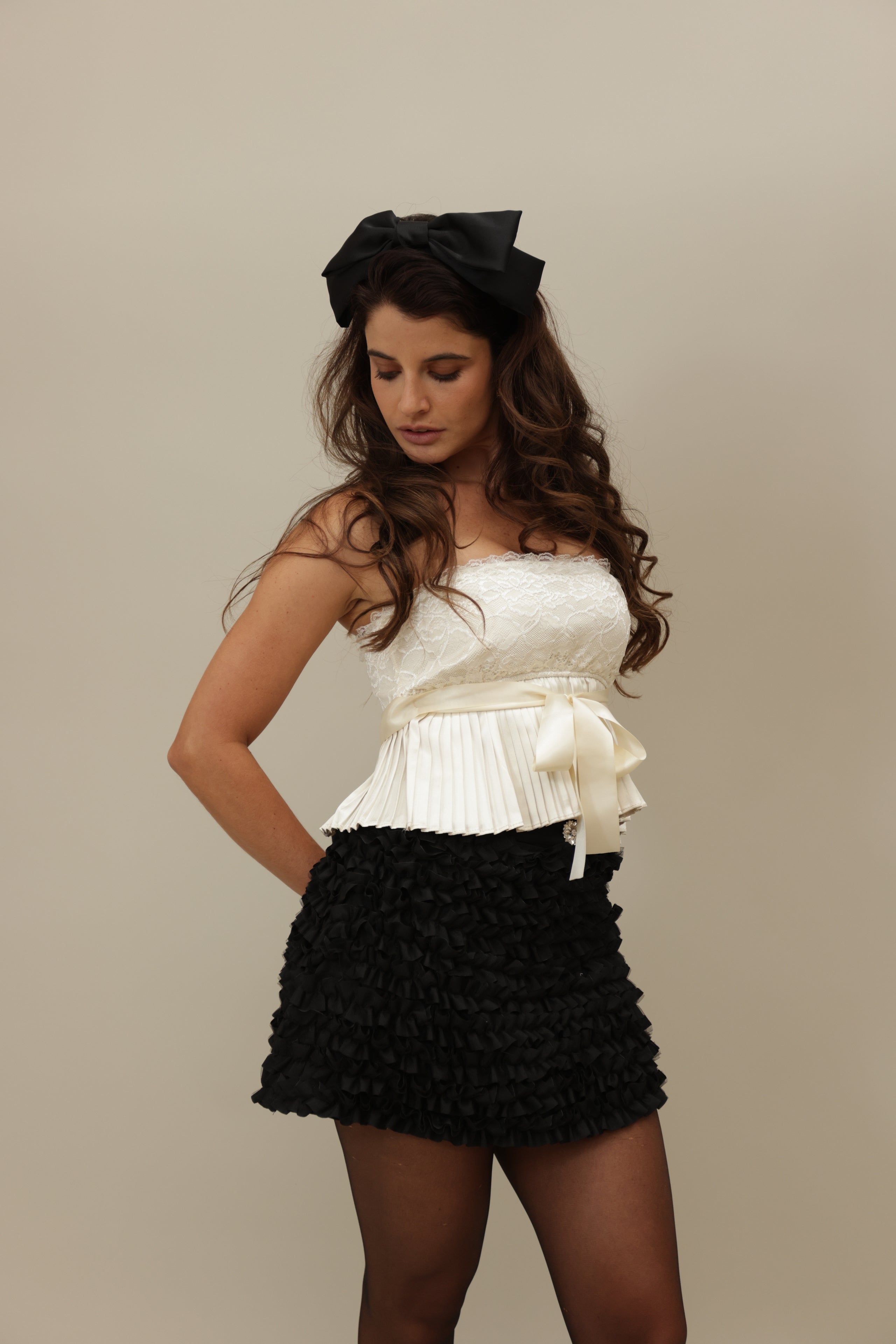 Elegant Lace and Pleated Peplum Bustier Top
