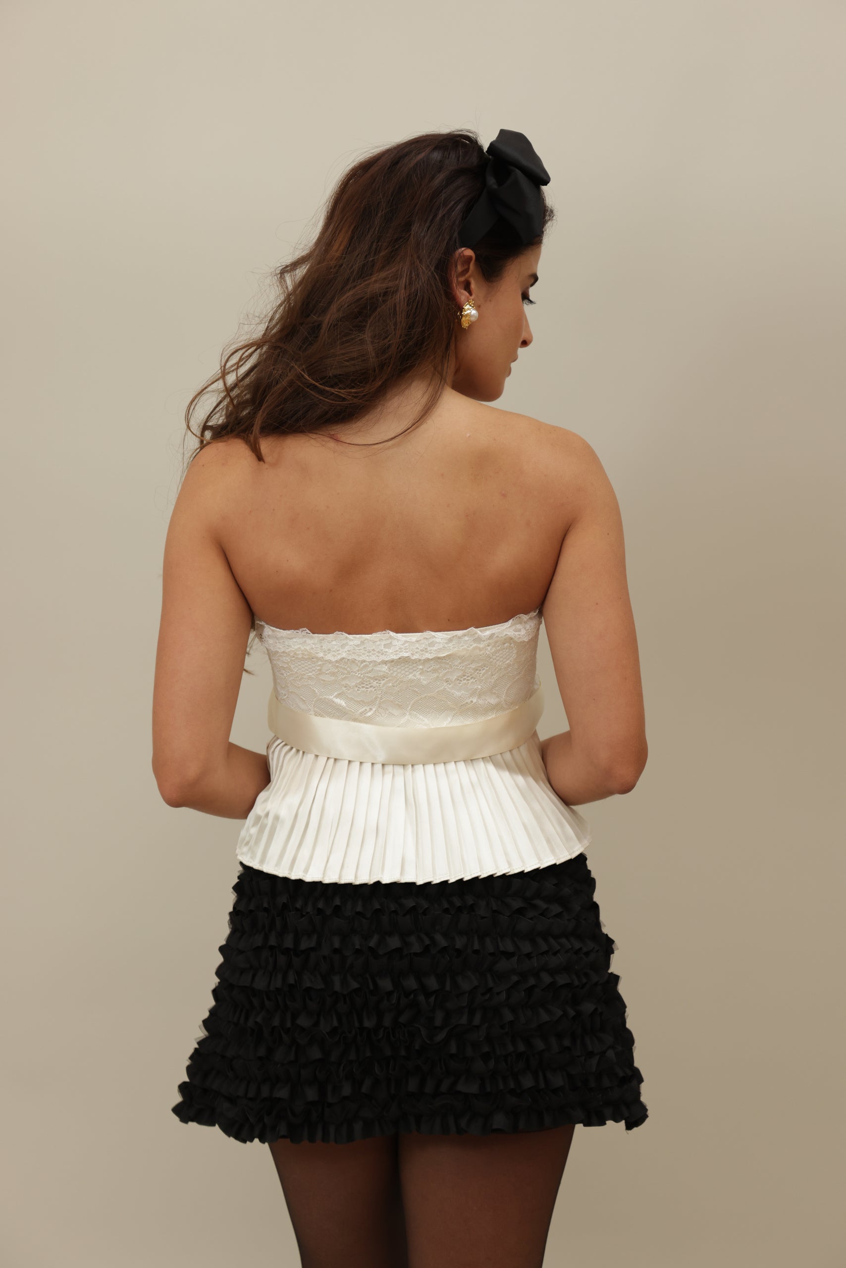 Elegant Lace and Pleated Peplum Bustier Top