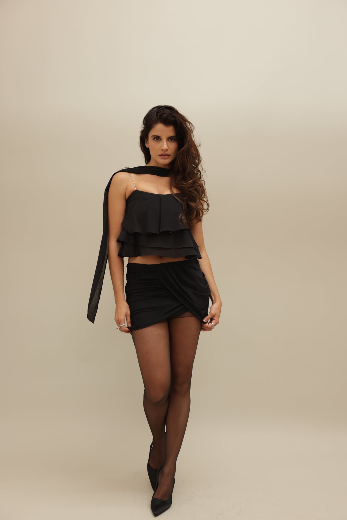 Black Ruched Mini Skirt with Draped Detail