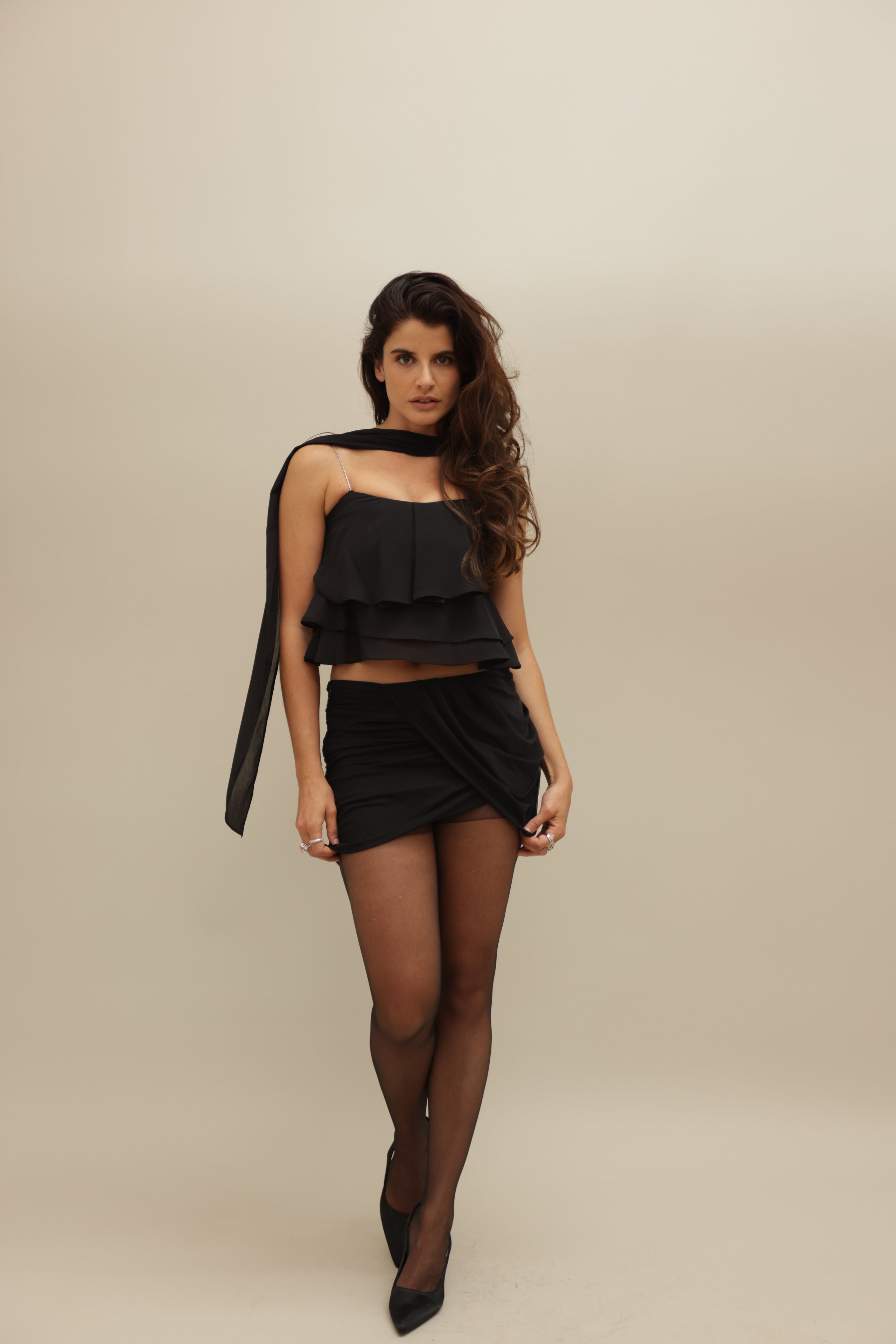 Elegant Black Ruffle Layered Top with Scarf Detail