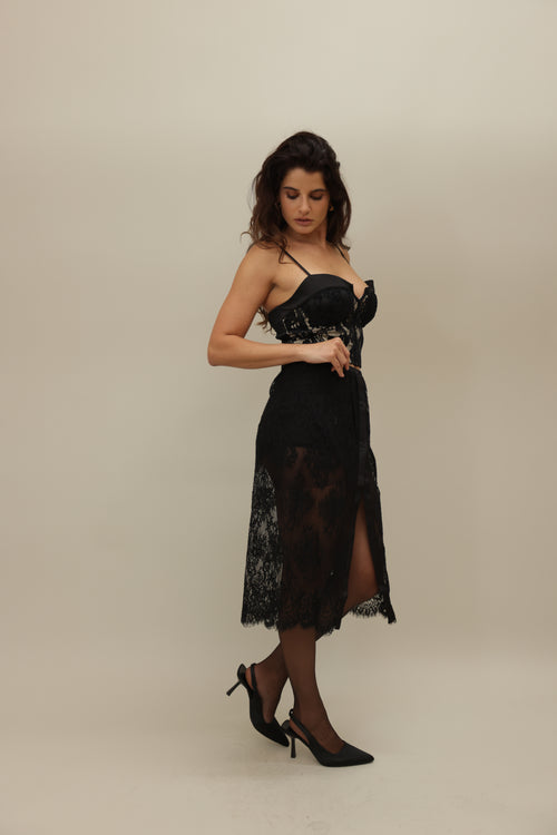 Black Lace Midi Skirt with Front Slit