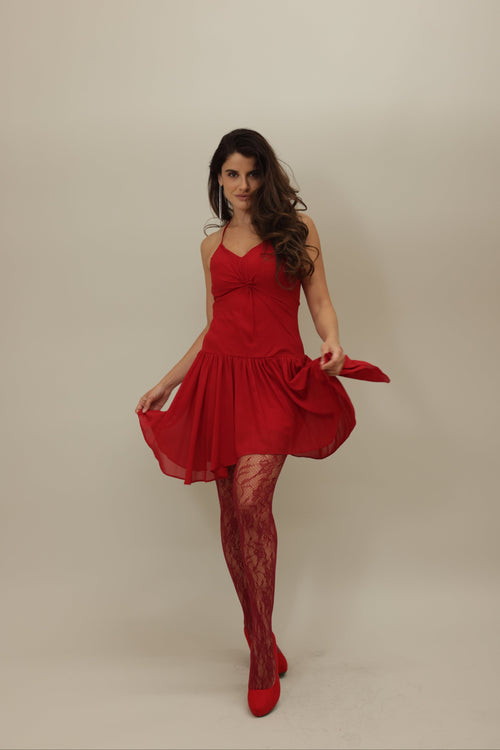 Playful Red Mini Dress with Twirl-Ready Skirt
