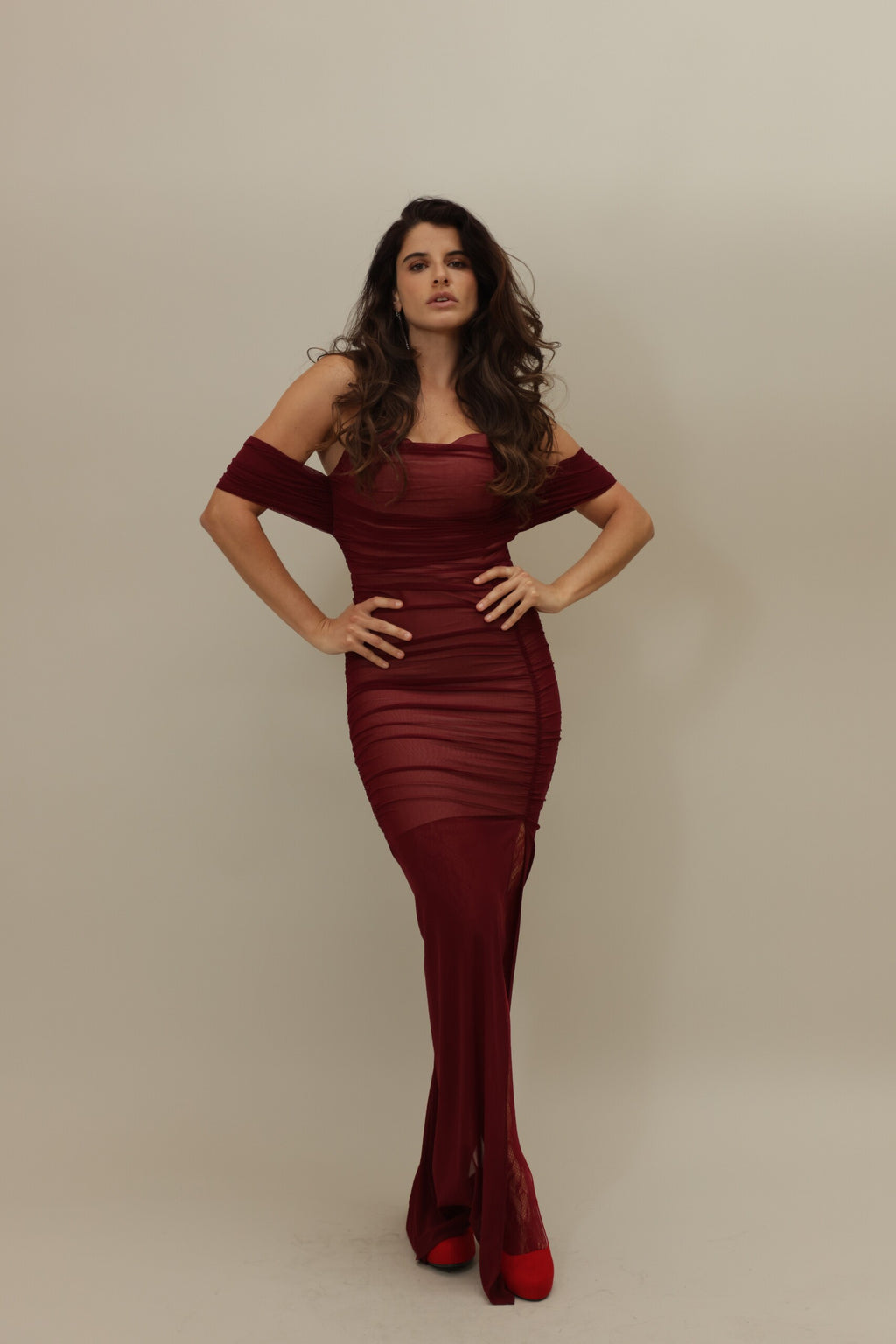 Crimson Elegance: Off-Shoulder Ruched Evening Gown