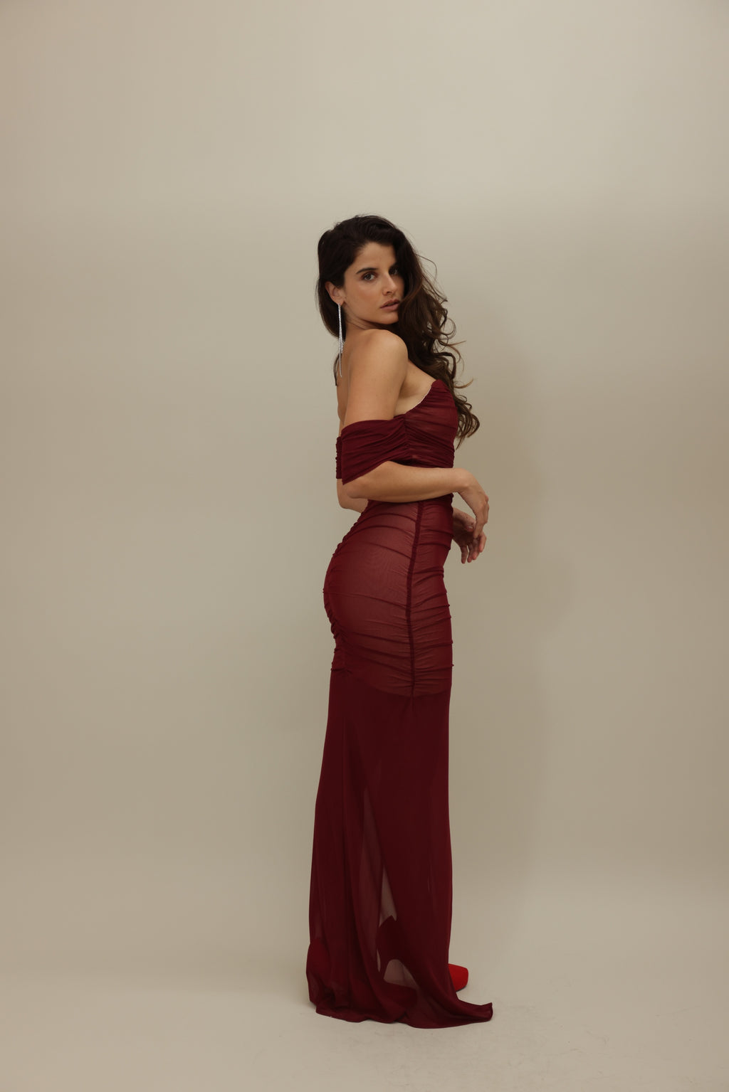 Crimson Elegance: Off-Shoulder Ruched Evening Gown