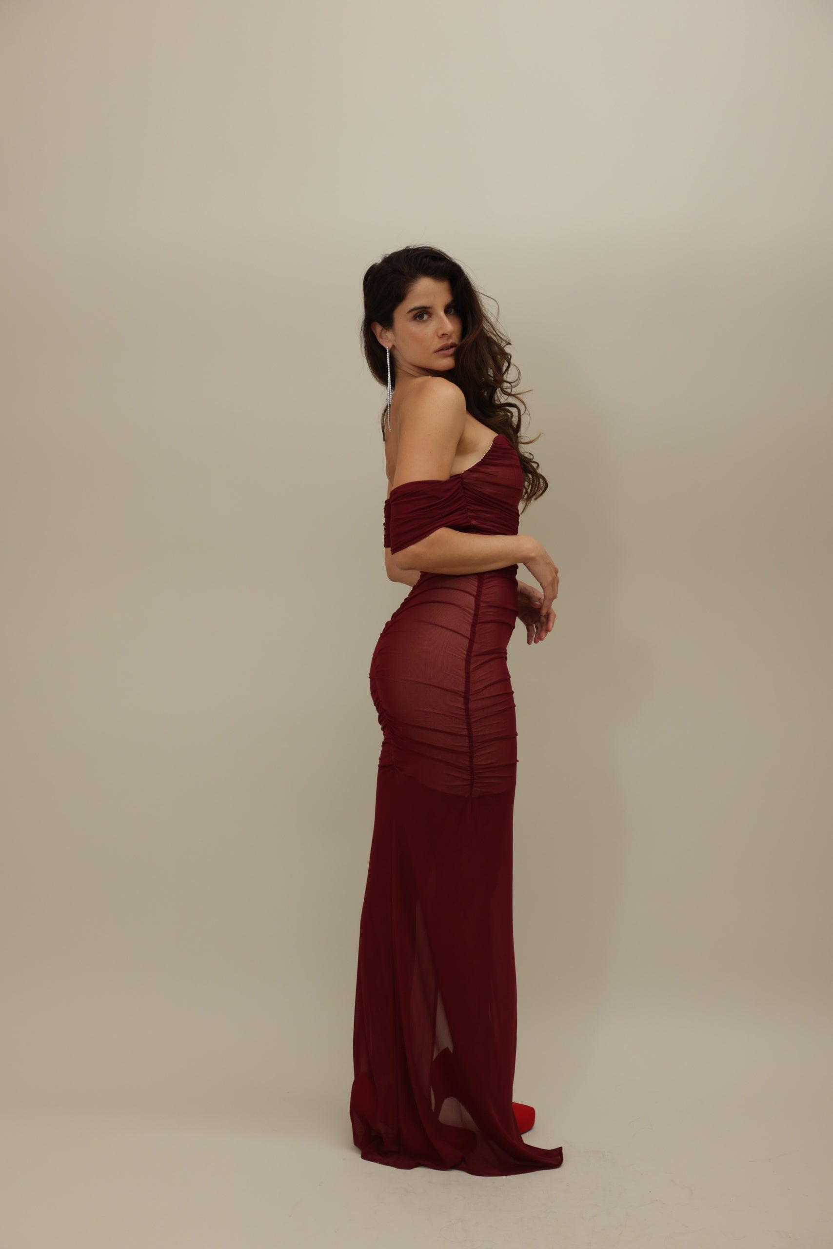 Crimson Elegance: Off-Shoulder Ruched Evening Gown