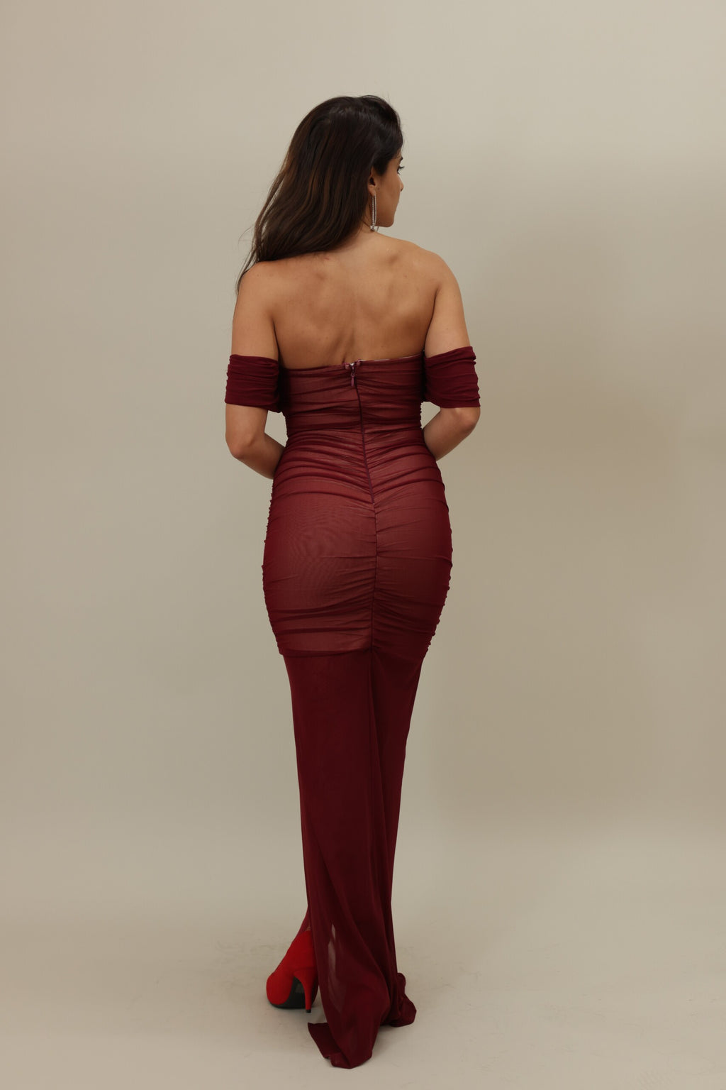 Crimson Elegance: Off-Shoulder Ruched Evening Gown