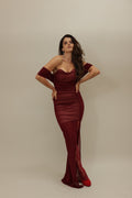 Crimson Elegance: Off-Shoulder Ruched Evening Gown