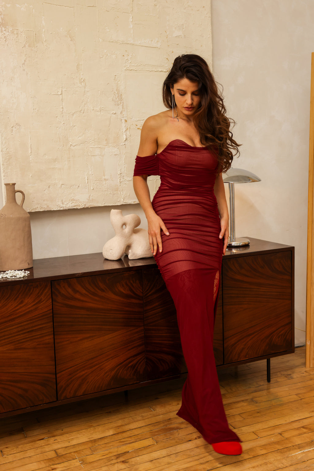 Crimson Elegance: Off-Shoulder Ruched Evening Gown