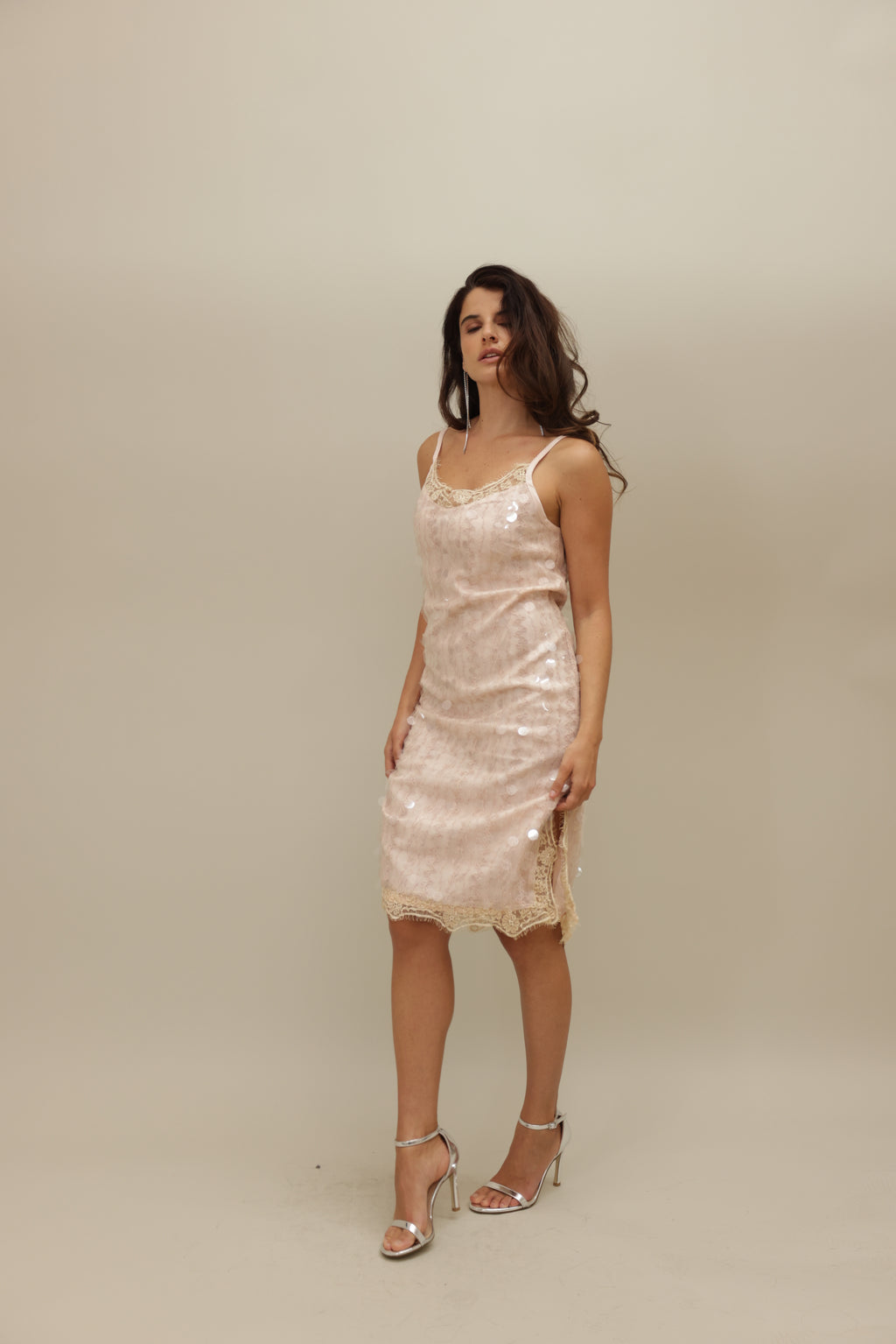 Sequined Lace Slip Dress with Delicate Details