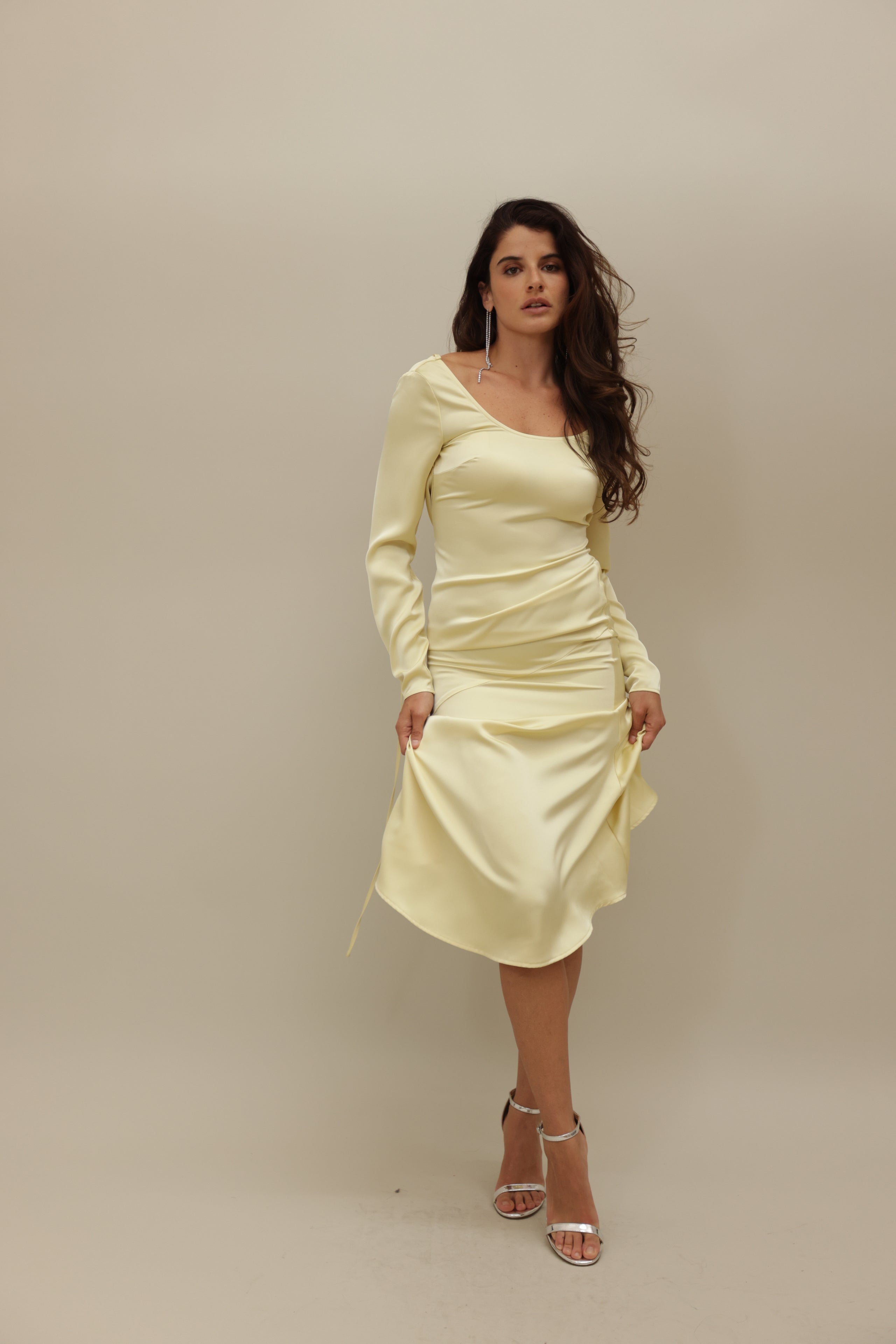 Elegant Satin Yellow Dress with Draped Back
