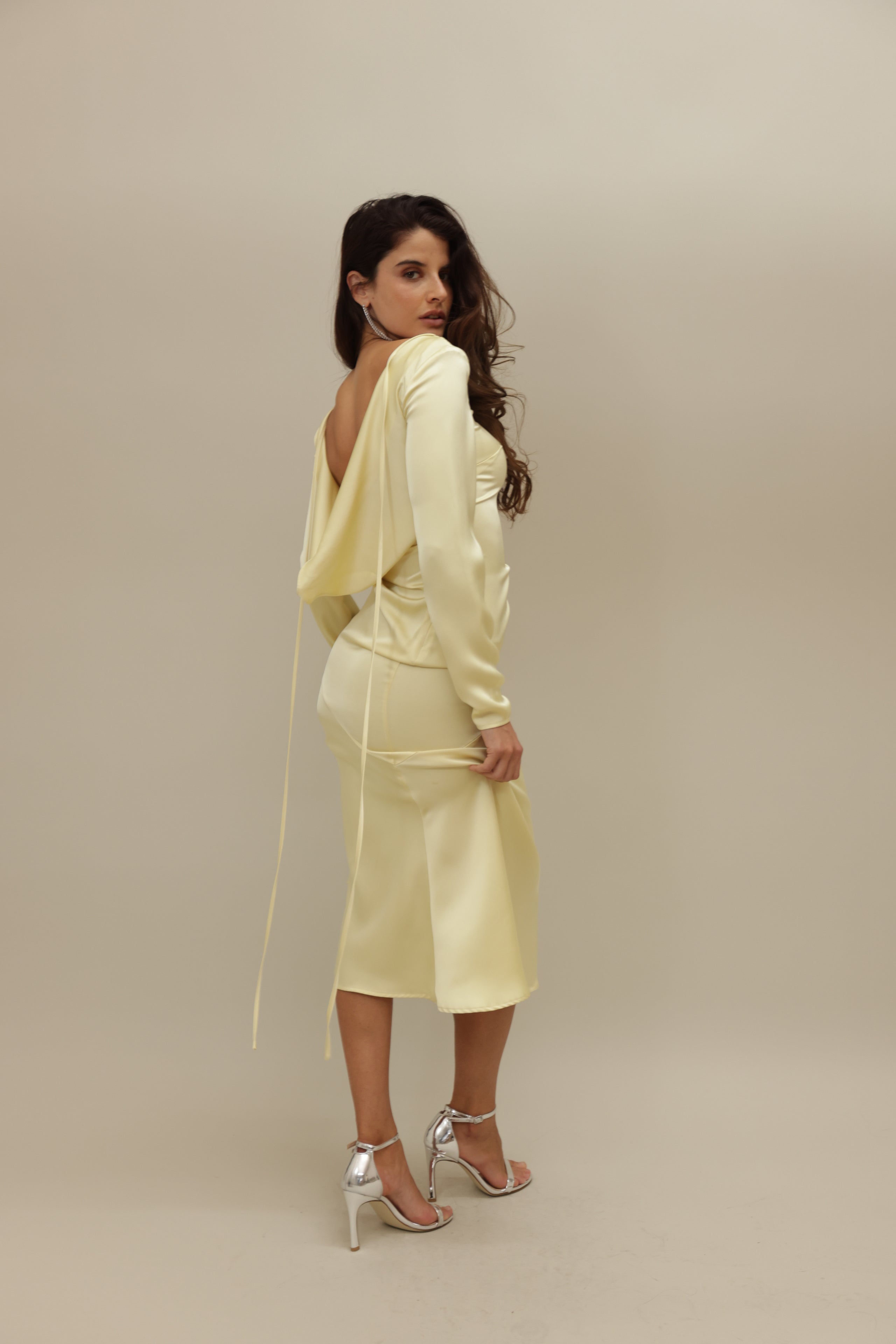Elegant Satin Yellow Dress with Draped Back