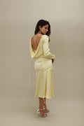 Elegant Satin Yellow Dress with Draped Back