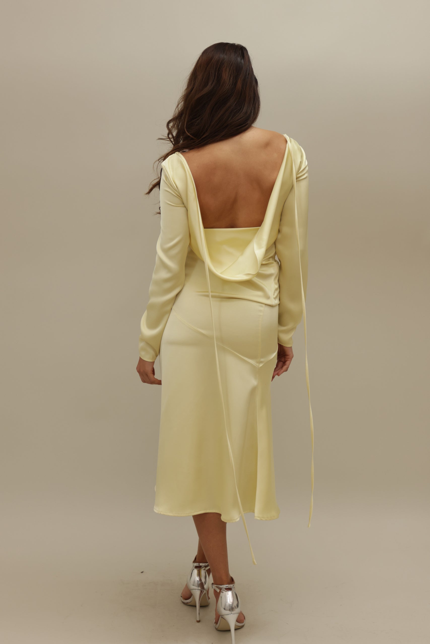 Elegant Satin Yellow Dress with Draped Back