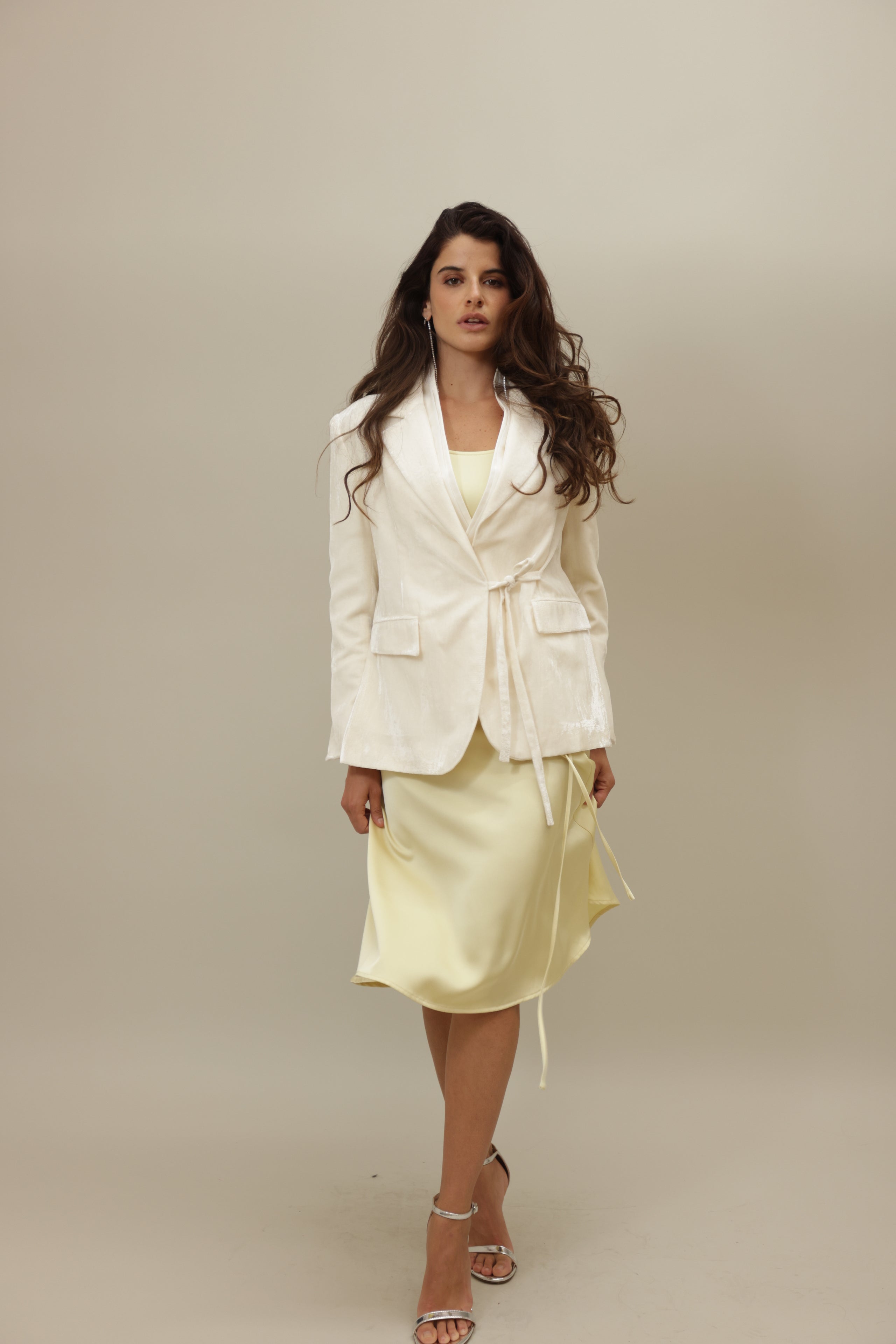 Elegant Satin Yellow Dress with Draped Back