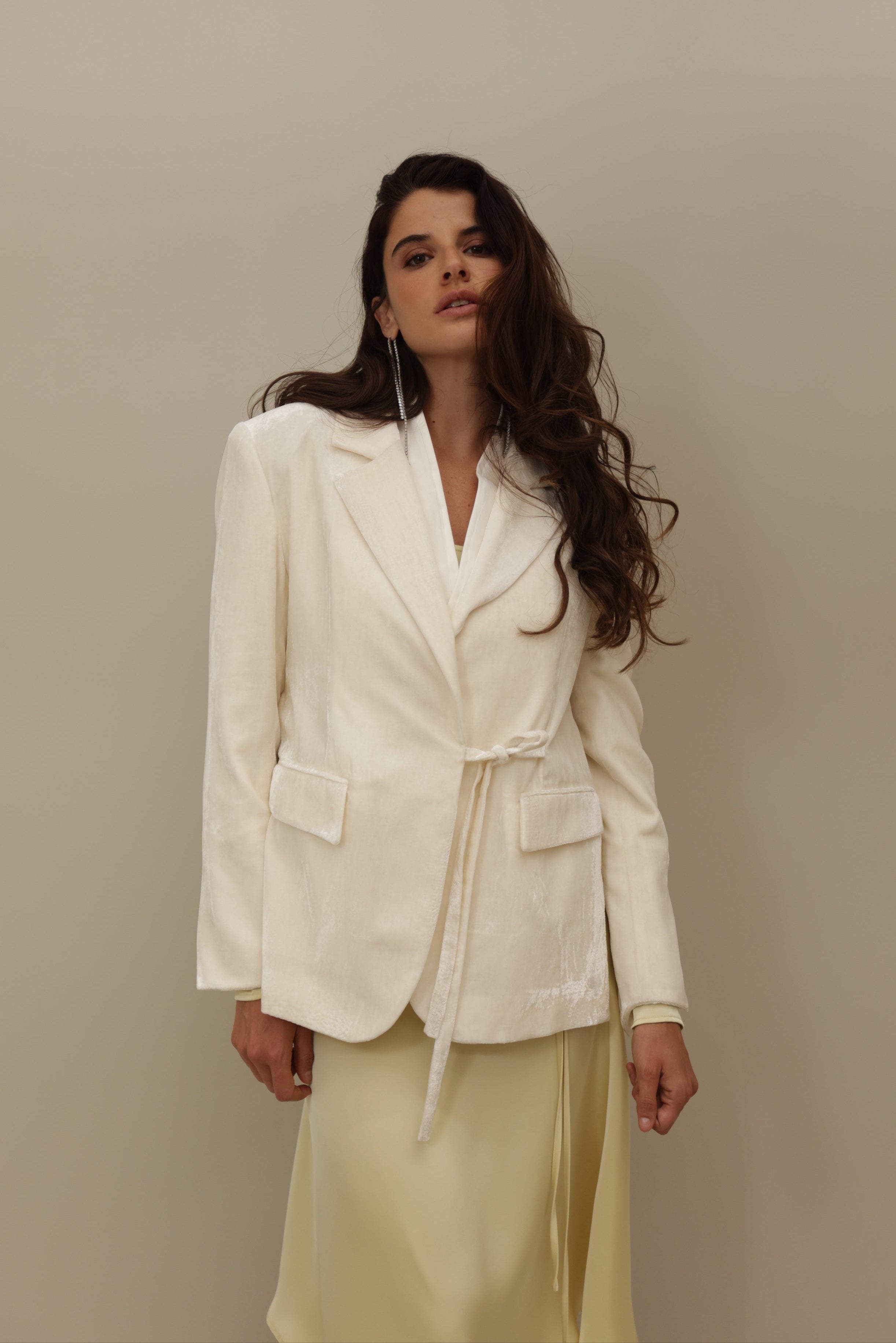Cream Velvet Wrap Blazer Suit - Modern Elegance