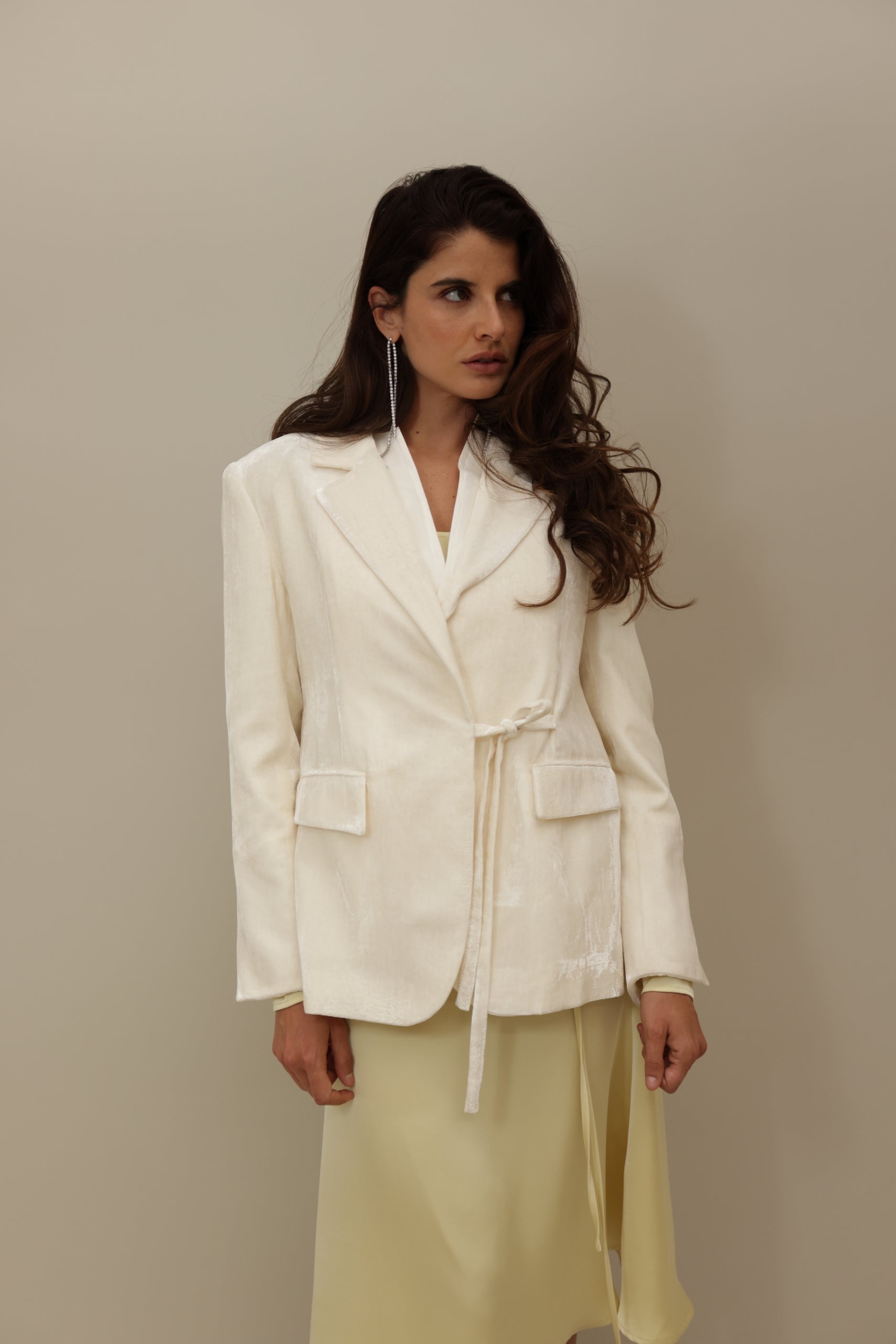 Cream Velvet Wrap Blazer Suit - Modern Elegance