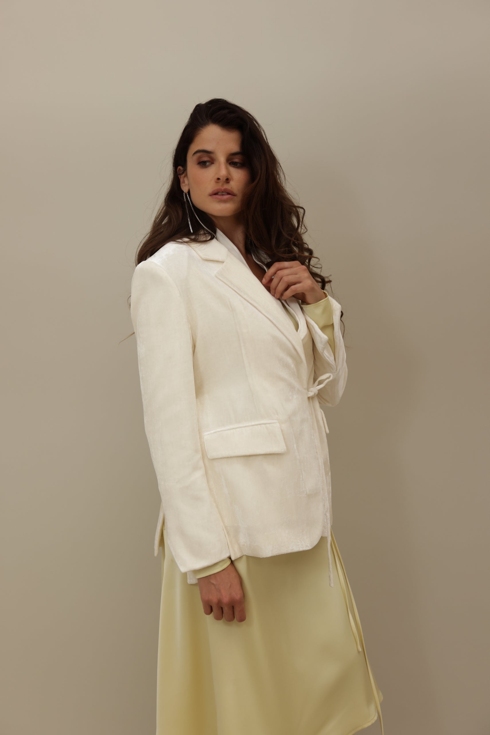 Cream Velvet Wrap Blazer Suit - Modern Elegance