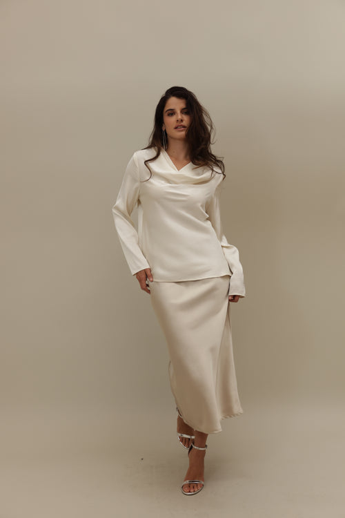 Silk-Blend Draped Cowl Neck Blouse - Effortless Elegance