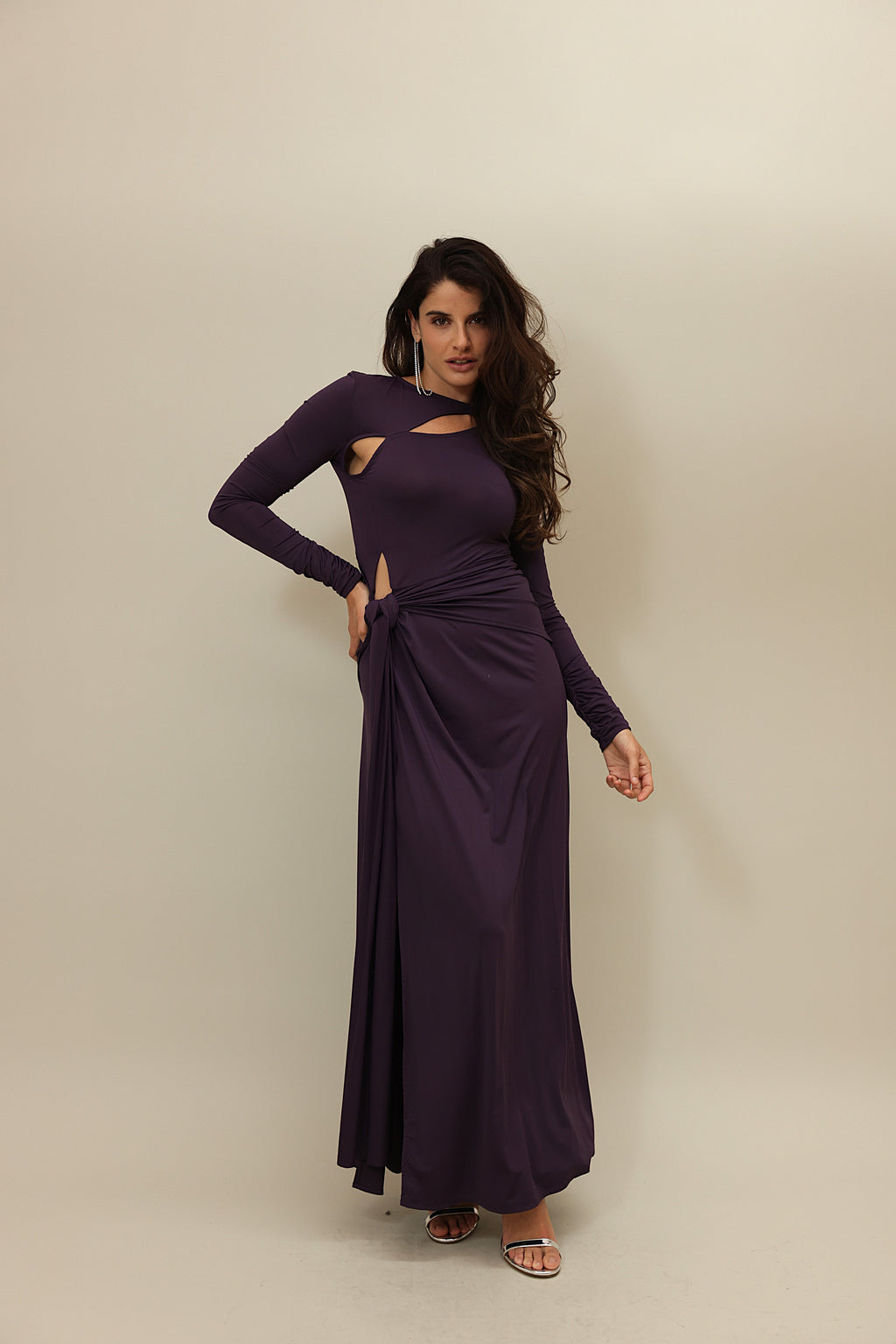 Elegant Deep Purple Cut-Out Gown with Ruched Detailing