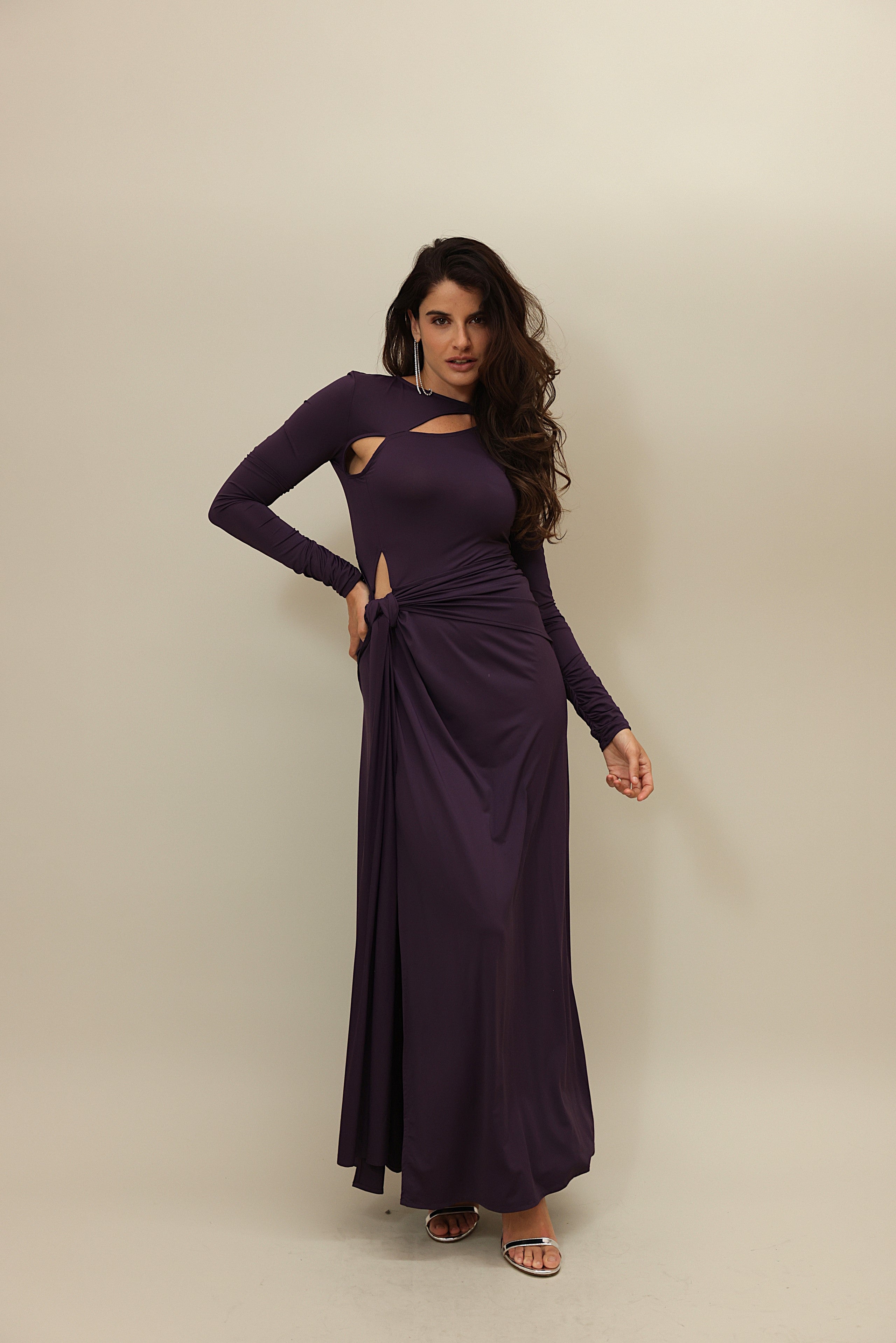 Elegant Deep Purple Cut-Out Gown with Ruched Detailing