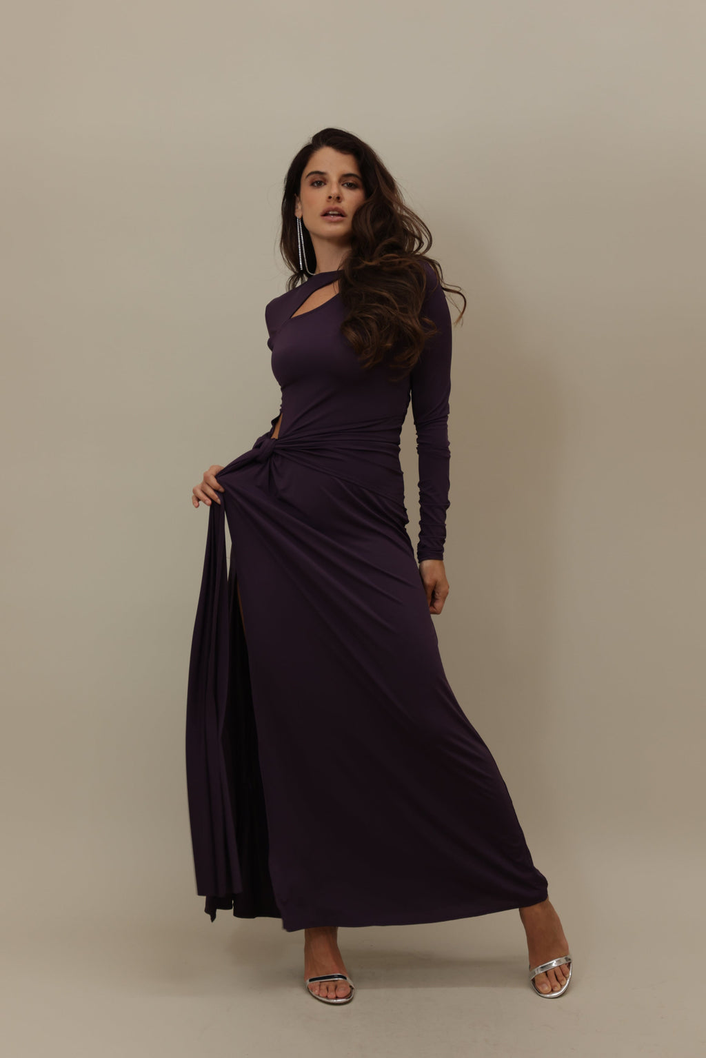 Elegant Deep Purple Cut-Out Gown with Ruched Detailing
