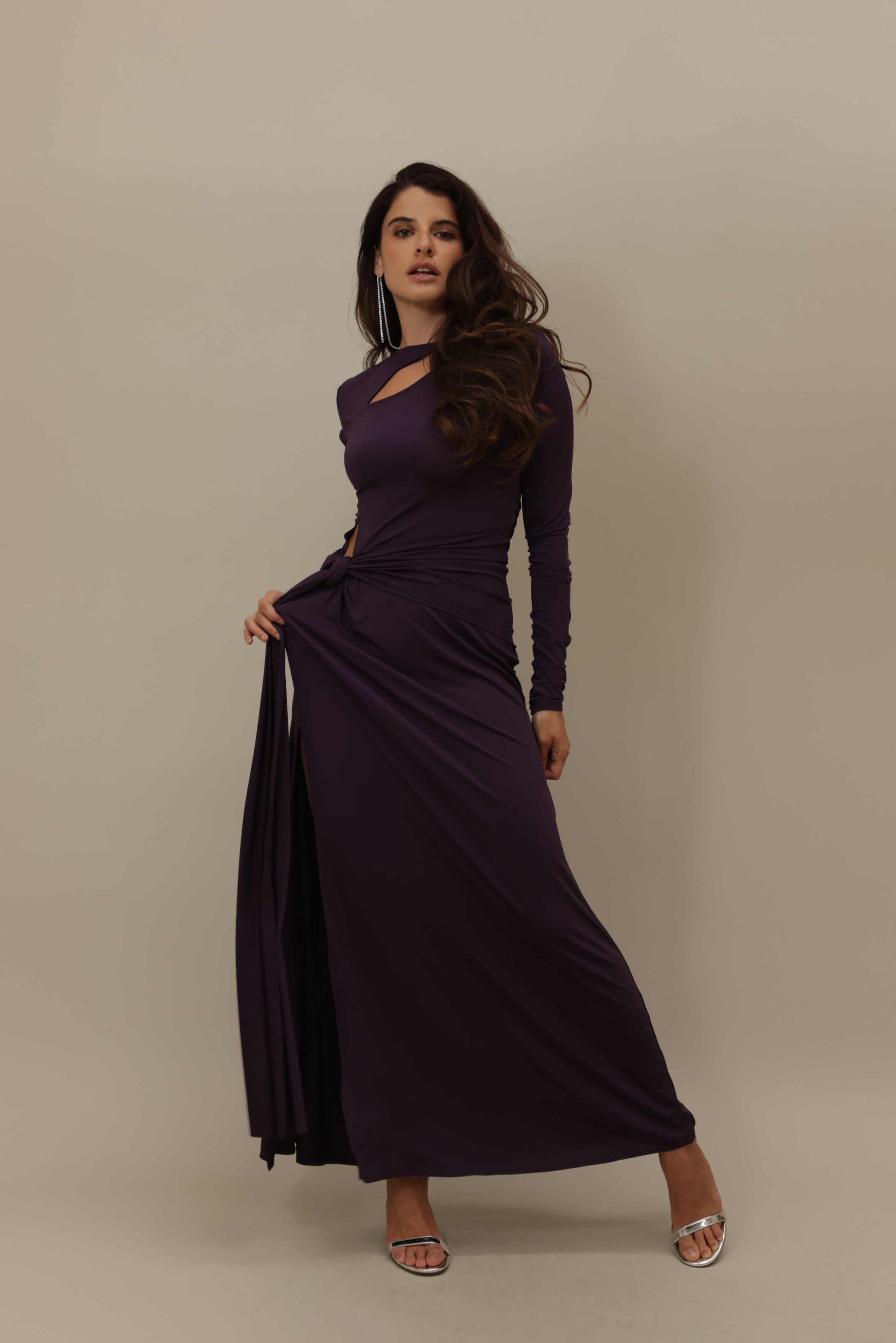 Elegant Deep Purple Cut-Out Gown with Ruched Detailing