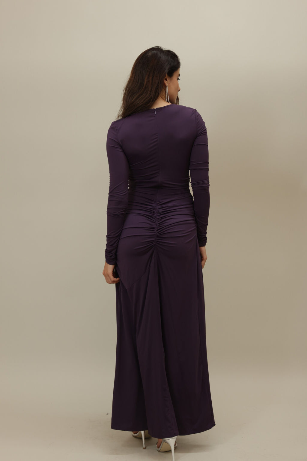 Elegant Deep Purple Cut-Out Gown with Ruched Detailing