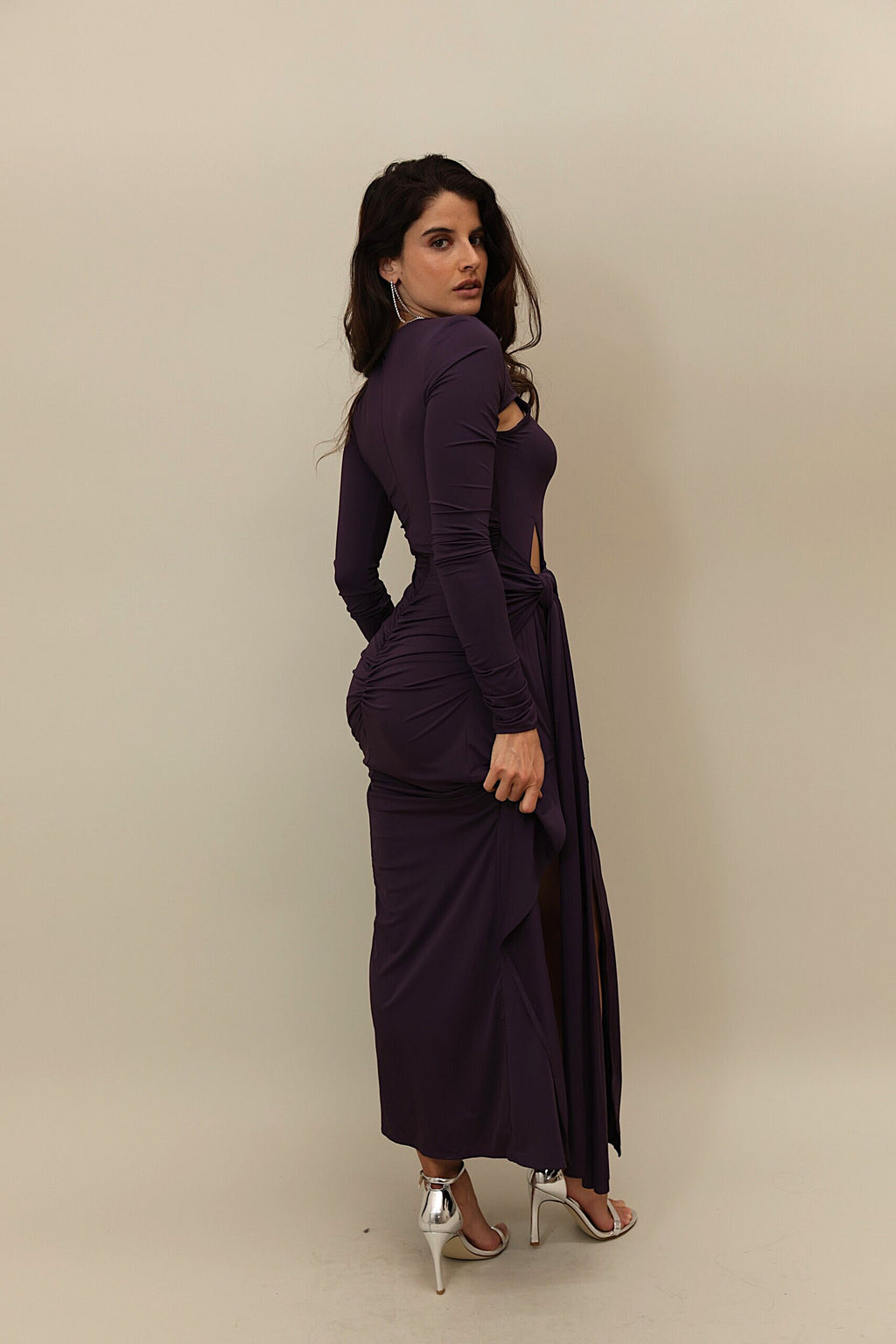 Elegant Deep Purple Cut-Out Gown with Ruched Detailing