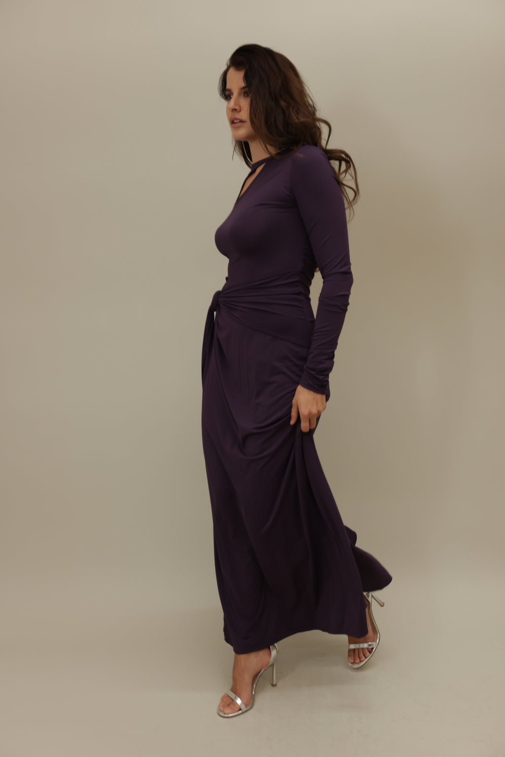 Elegant Deep Purple Cut-Out Gown with Ruched Detailing