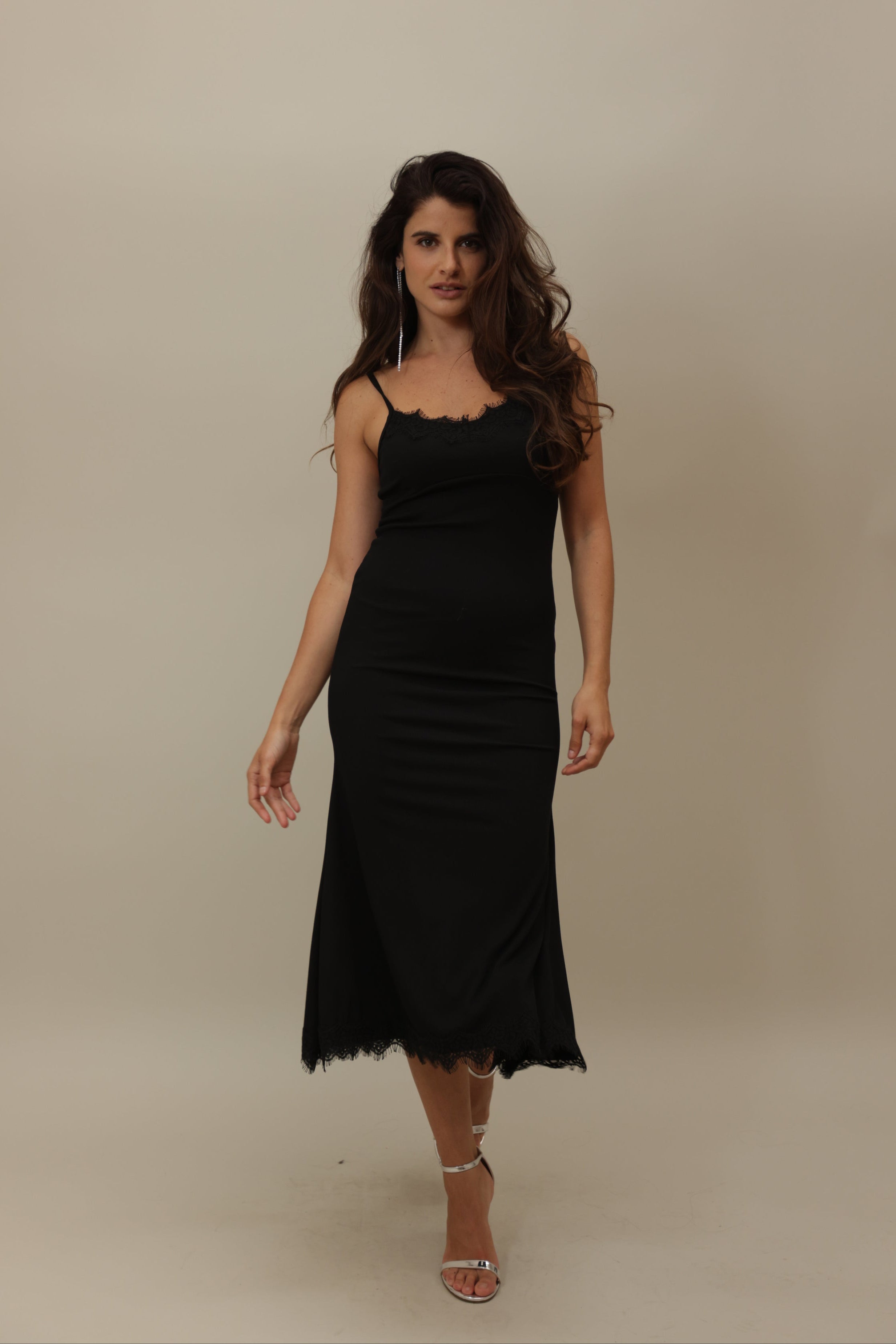 Elegant Asymmetric Lace-Trimmed Midi Slip Dress