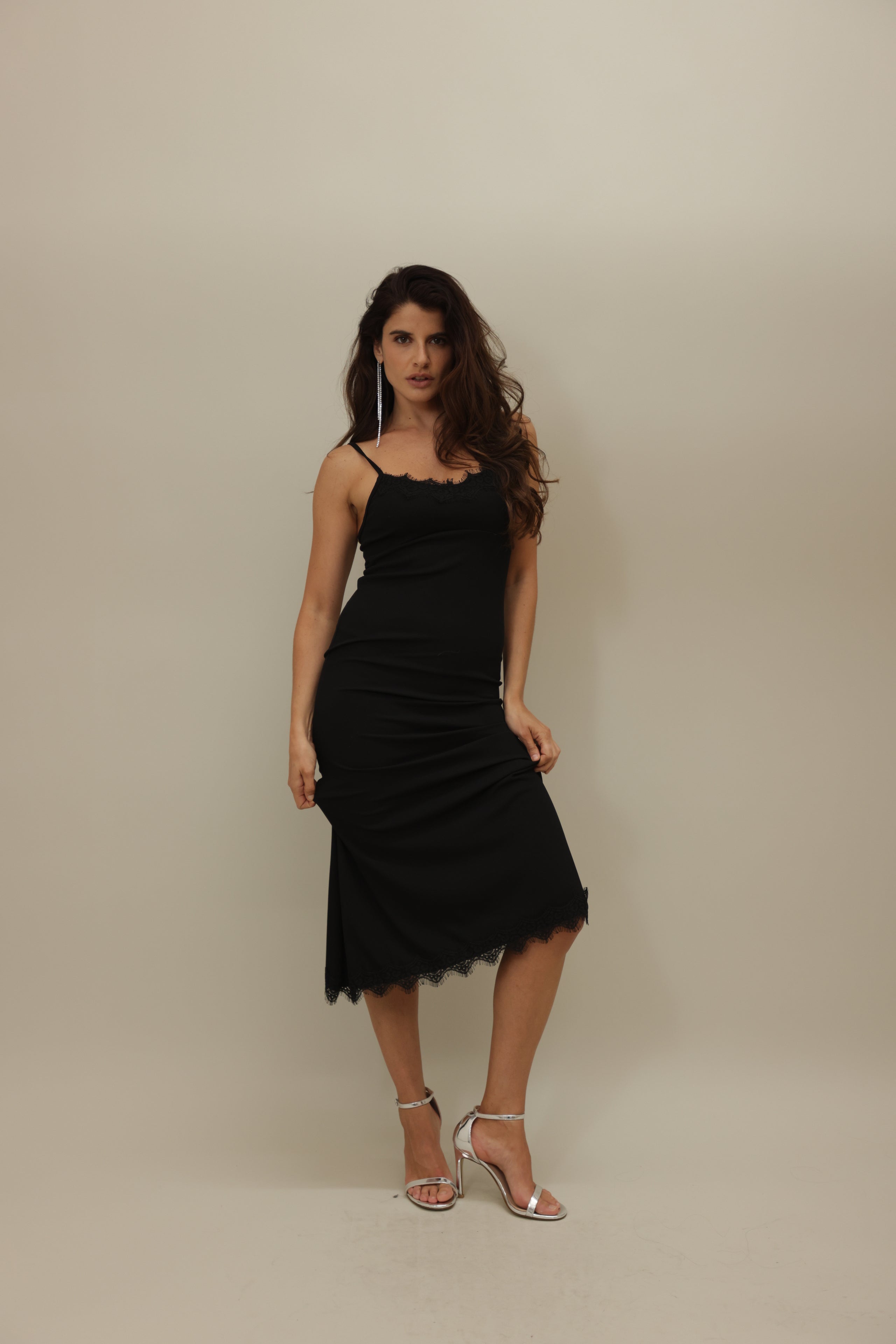 Elegant Asymmetric Lace-Trimmed Midi Slip Dress