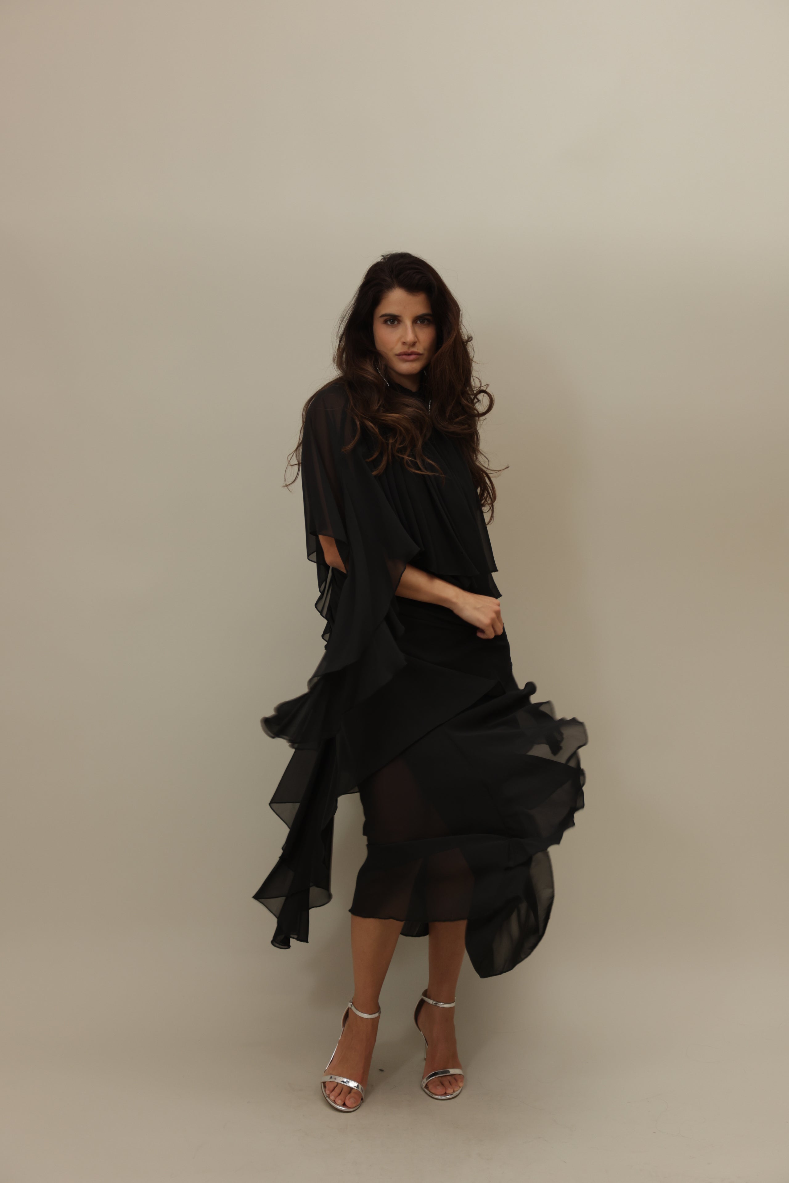 Black Asymmetrical Flowing Layered Dress