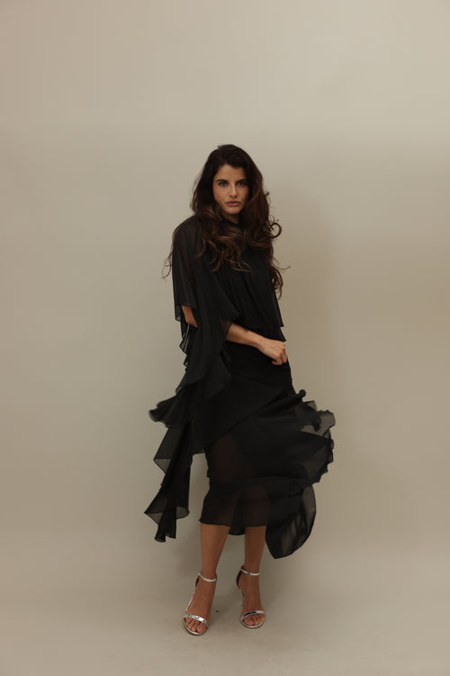 Black Asymmetrical Flowing Layered Dress