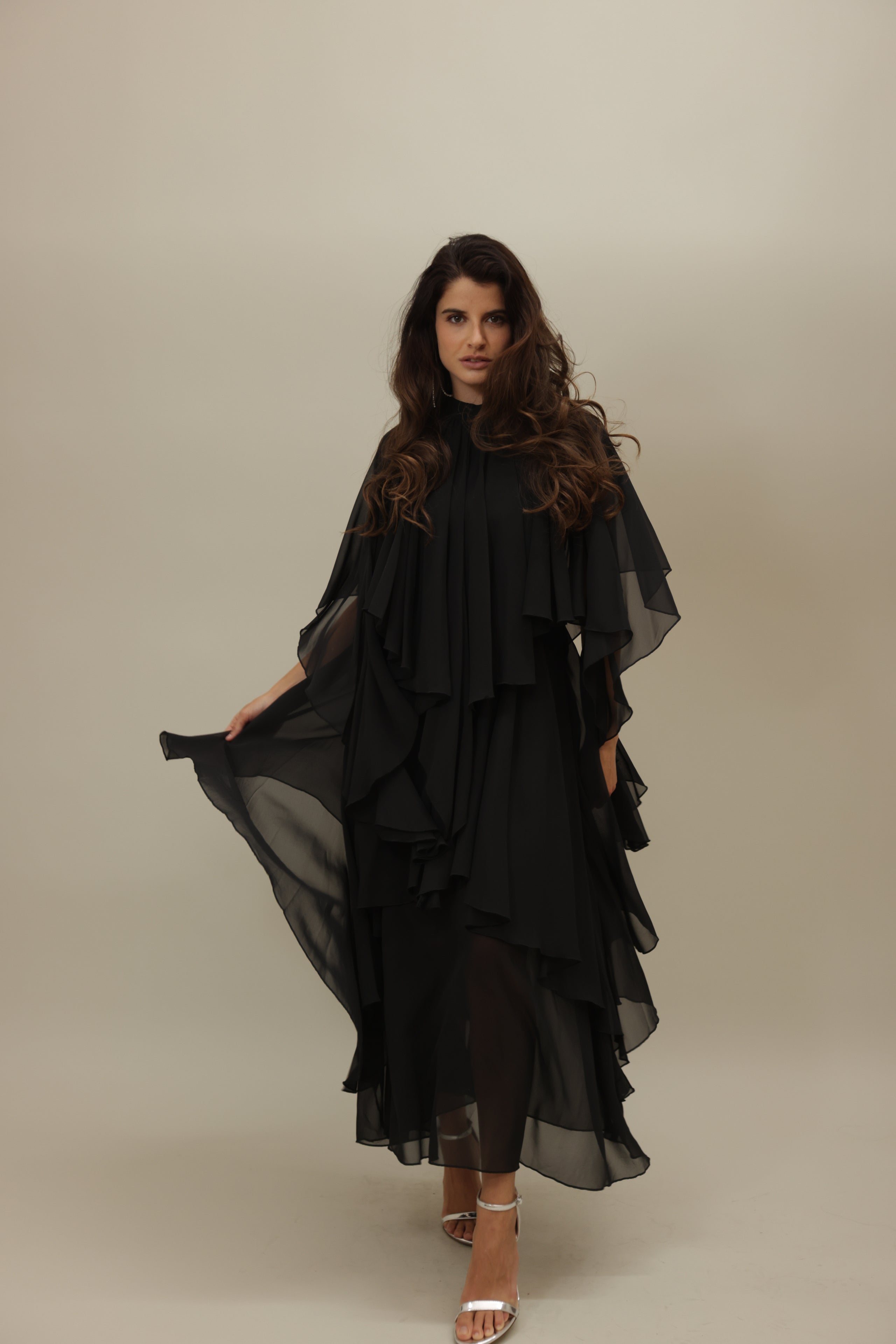 Black Asymmetrical Flowing Layered Dress