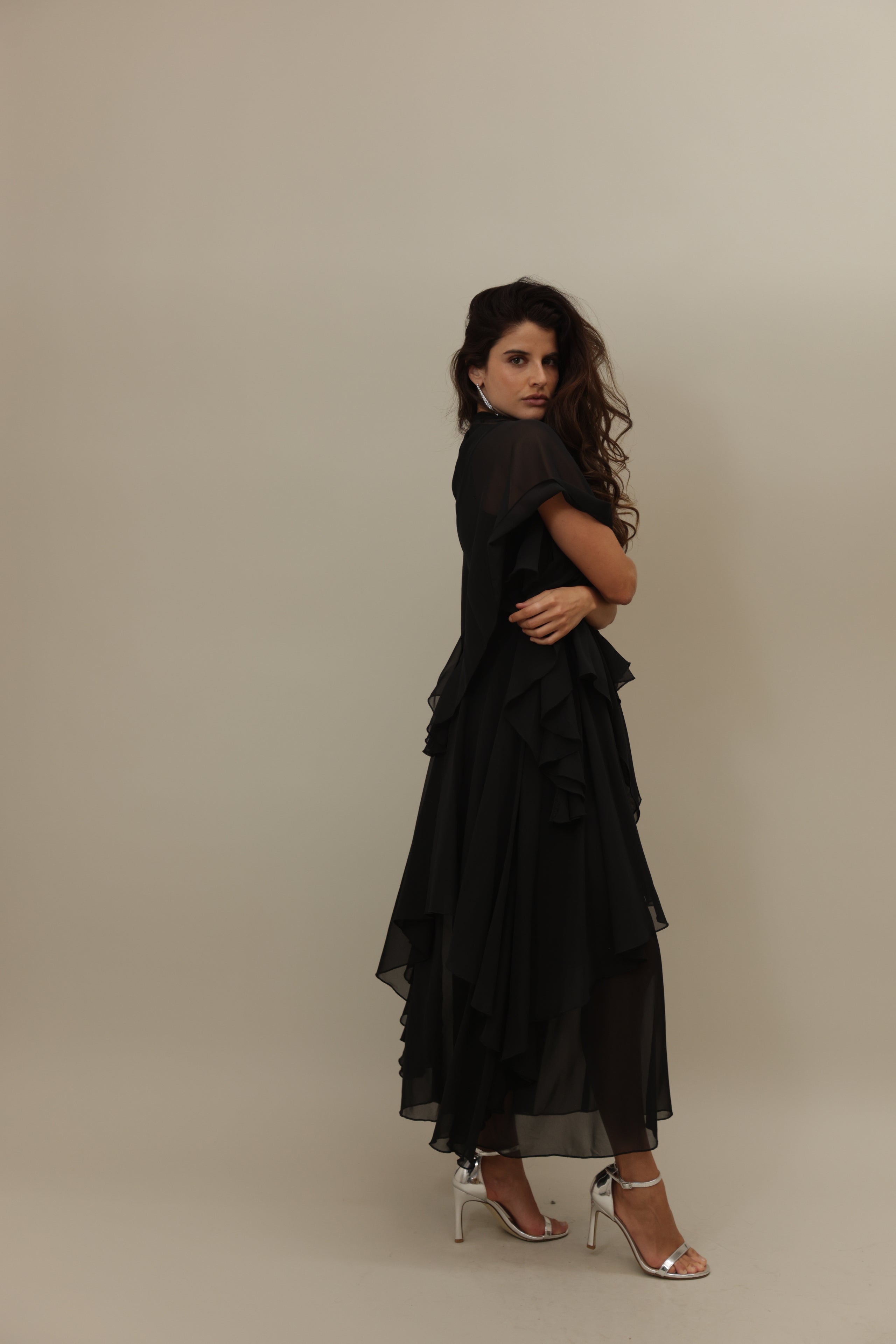 Black Asymmetrical Flowing Layered Dress