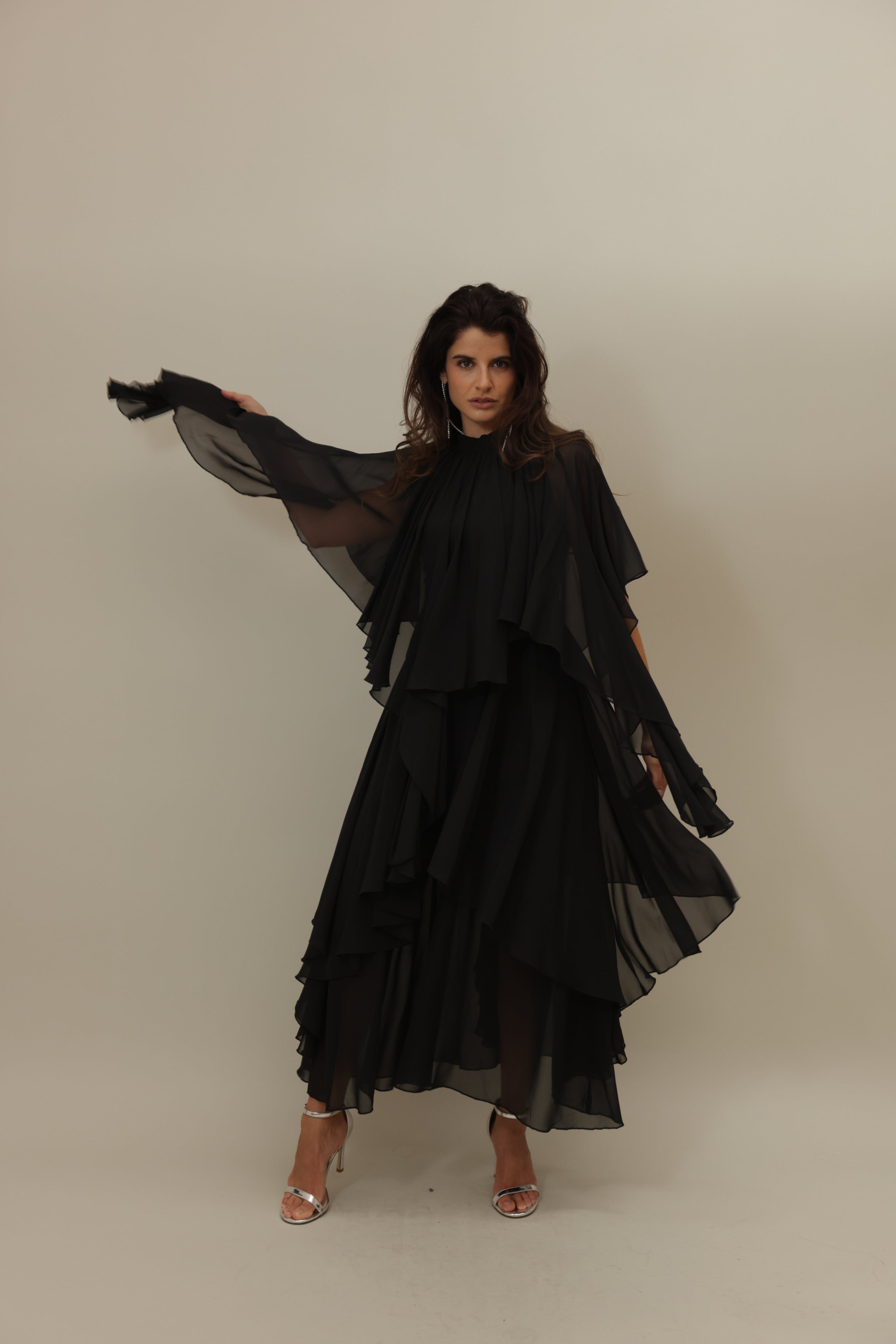 Black Asymmetrical Flowing Layered Dress