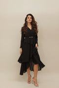 Black Asymmetrical Ruffle Dress with Gold Accent