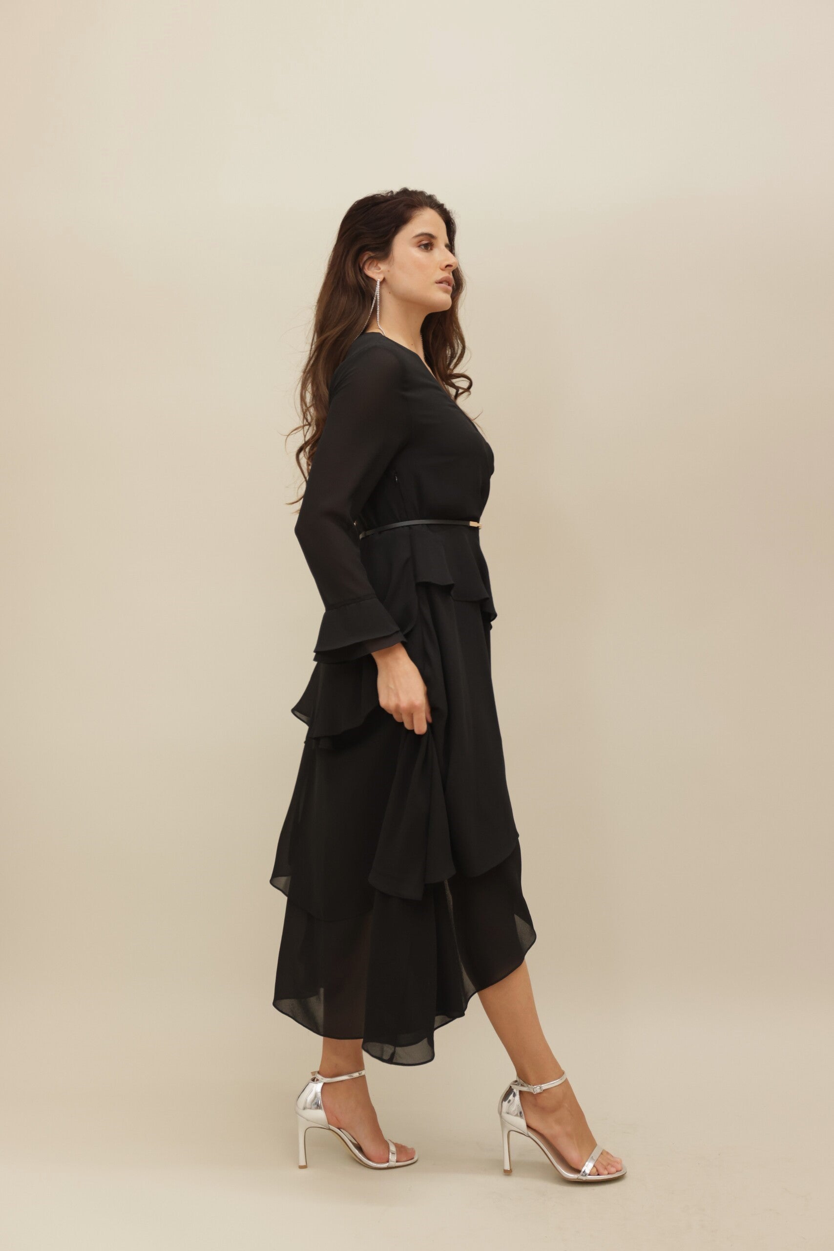 Black Asymmetrical Ruffle Dress with Gold Accent